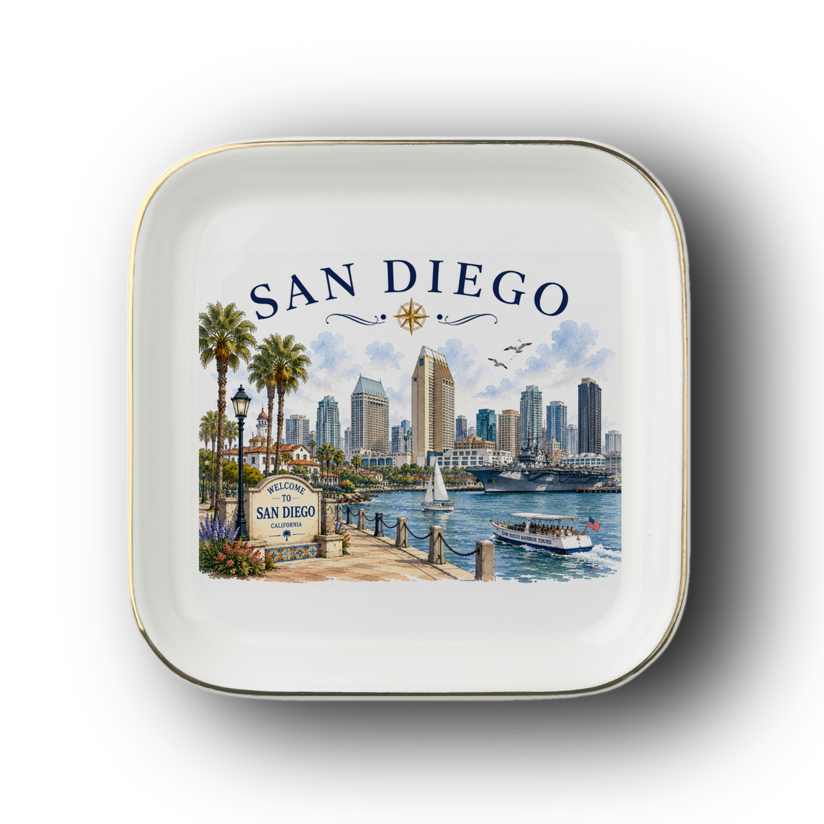 San Diego Jewelry Dish, California Travel Keepsake, Harbor Skyline Trinket Tray, Coastal Souvenir Gift, Gold Trim Ceramic Dish, City Decor