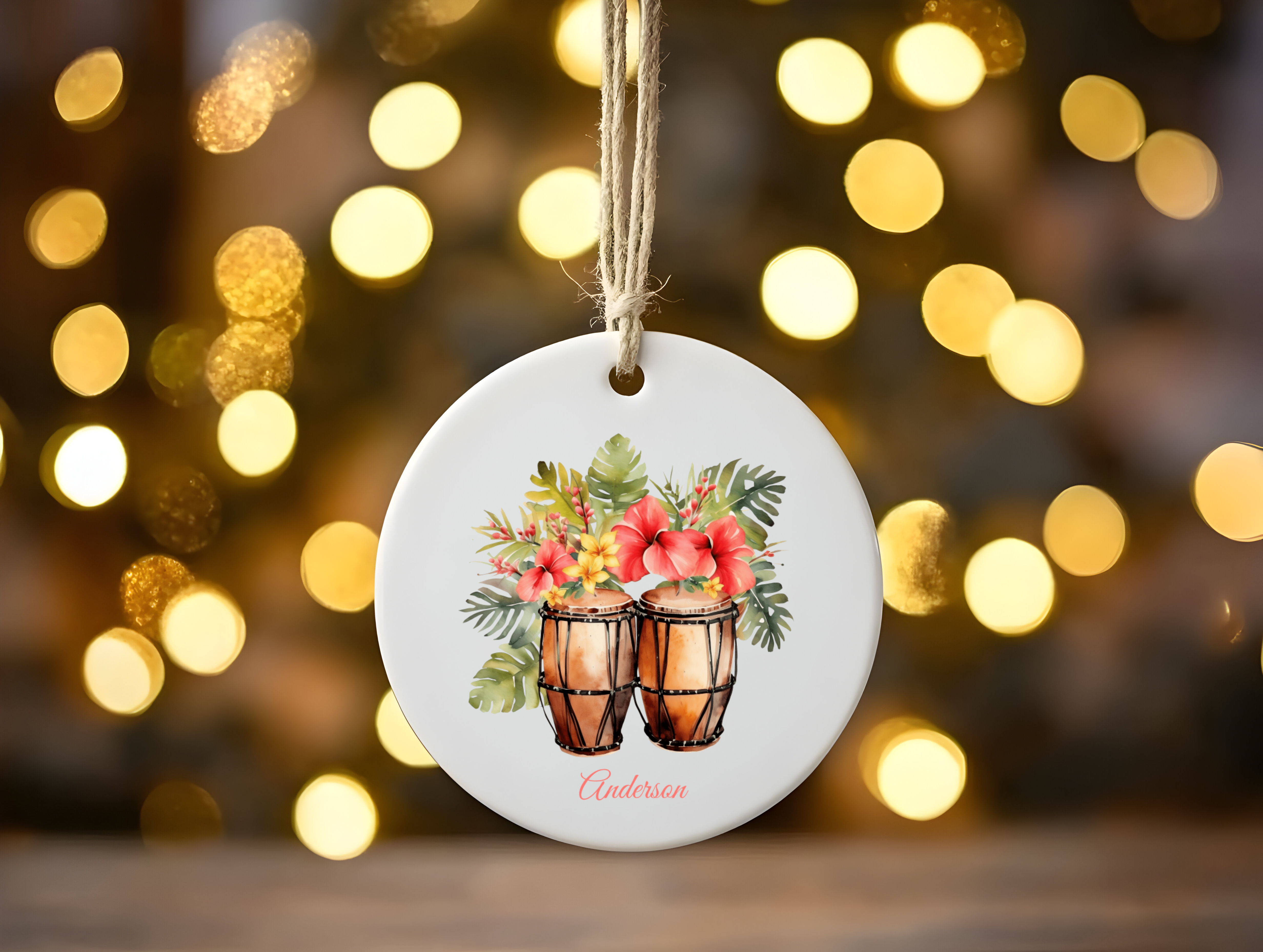 Personalized Bongo Drum Ornament – Custom Name Ceramic Christmas Tree Decoration, Music Lover Gift for Drummer or Percussionist