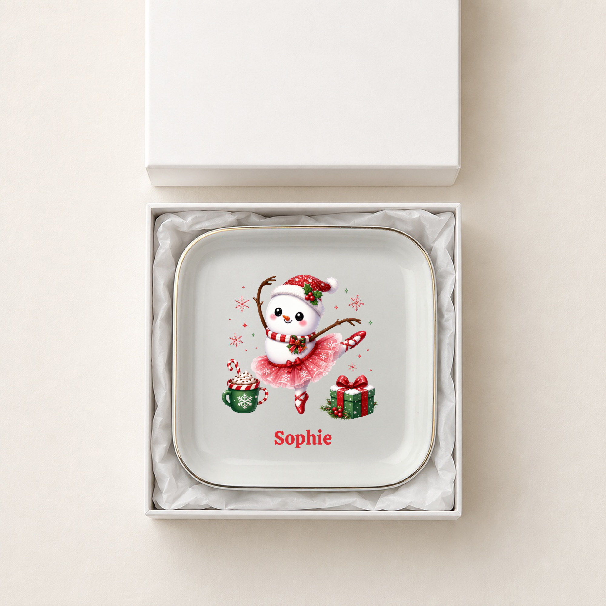 Snowman Ballerina Trinket Tray, Personalized Ballerina Christmas Jewelry Dish, Ballet Student Recital Present, Dance Teacher Gift