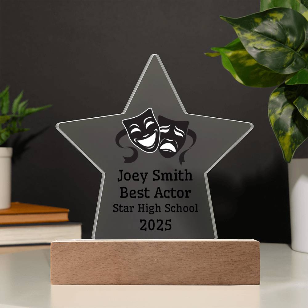 Best Actor Award – Personalized Acrylic Star Plaque with Theater Masks, Name, High School & Year
