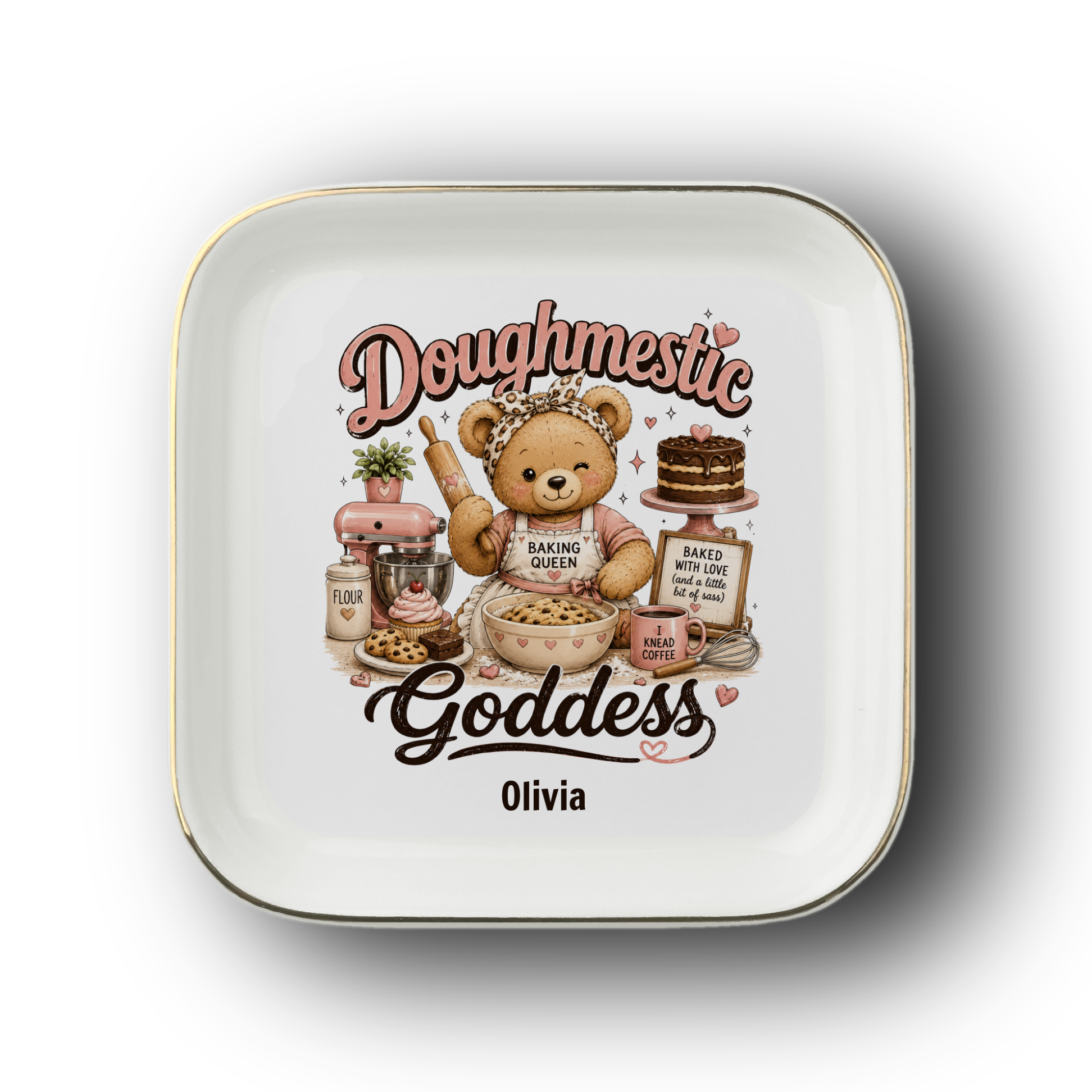 Baking Queen Kitchen Jewelry Dish, Doughmestic Goddess Ring Holder, Personalized Kitchen Decor, Baker Gift, Ceramic Trinket Tray