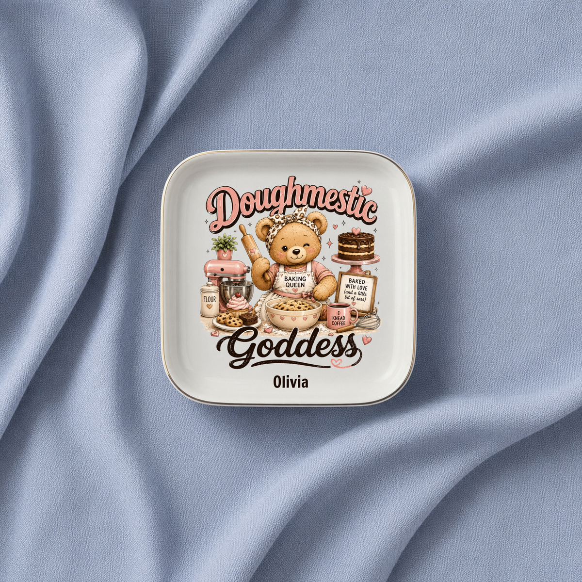 Baking Queen Kitchen Jewelry Dish, Doughmestic Goddess Ring Holder, Personalized Kitchen Decor, Baker Gift, Ceramic Trinket Tray