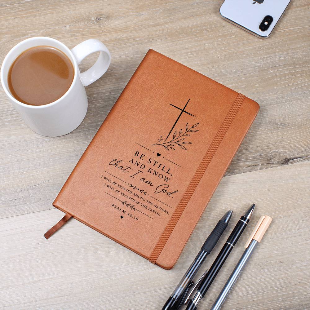 Inspirational Religious Vegan Leather Journal, Christian Keepsake, Psalm 46:10 Gift for Him Her, Ruled Lined Writing Notebook