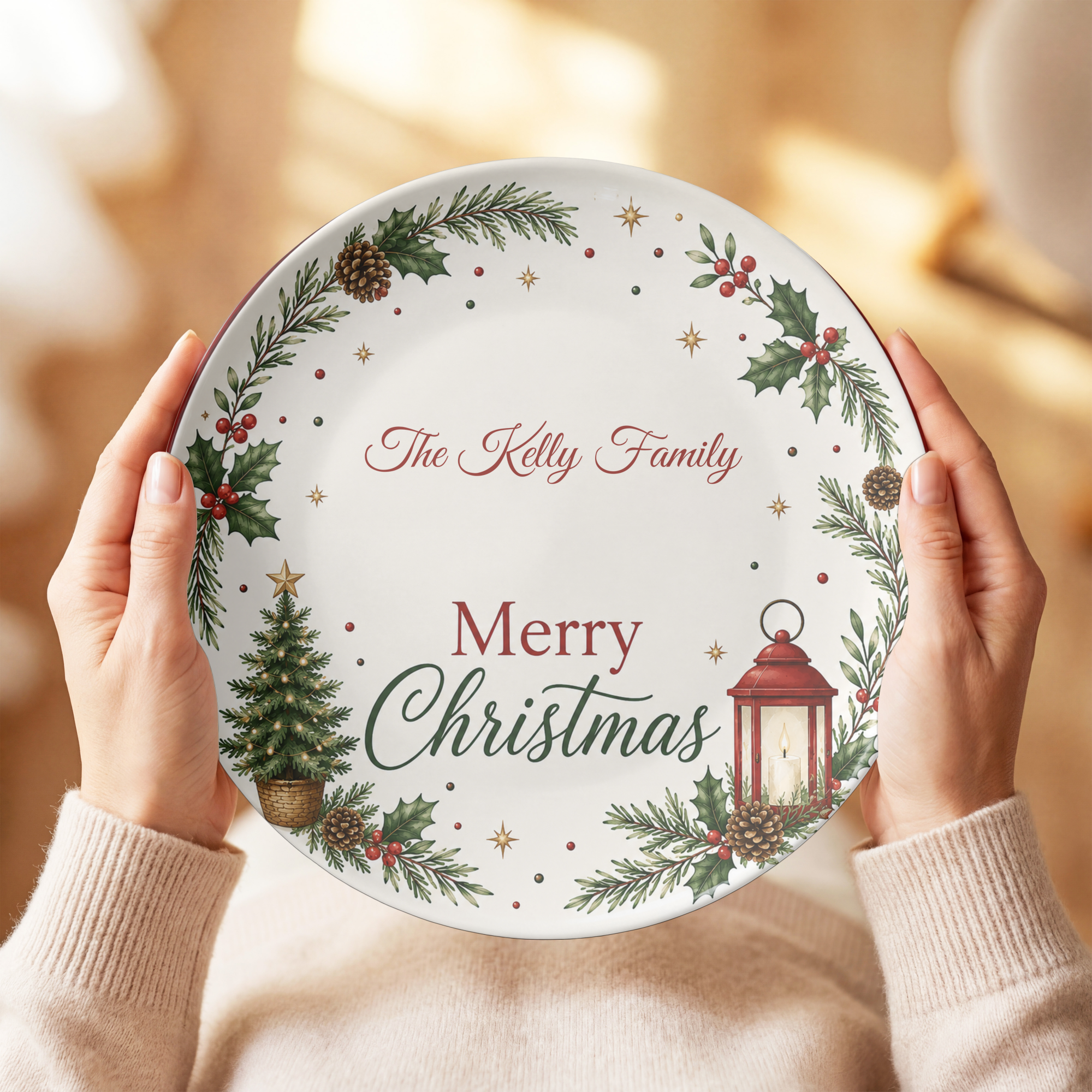 Personalized Christmas Family Plate, Merry Christmas Holiday Dinnerware, Festive Holly Pine Tree Lantern Seasonal Serving Plate Gift