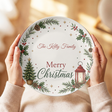 Personalized Christmas Family Plate, Merry Christmas Holiday Dinnerware, Festive Holly Pine Tree Lantern Seasonal Serving Plate Gift