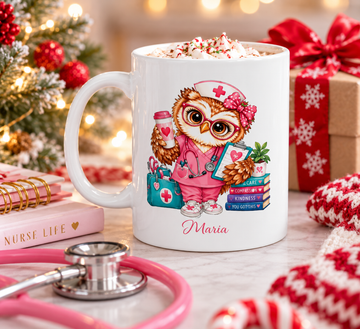 Personalized Nurse Owl Coffee Mug, Student Nurse Present, Cute Nurse Gift, Owl Lover Mug, Custom Name Nurse Coffee Cup
