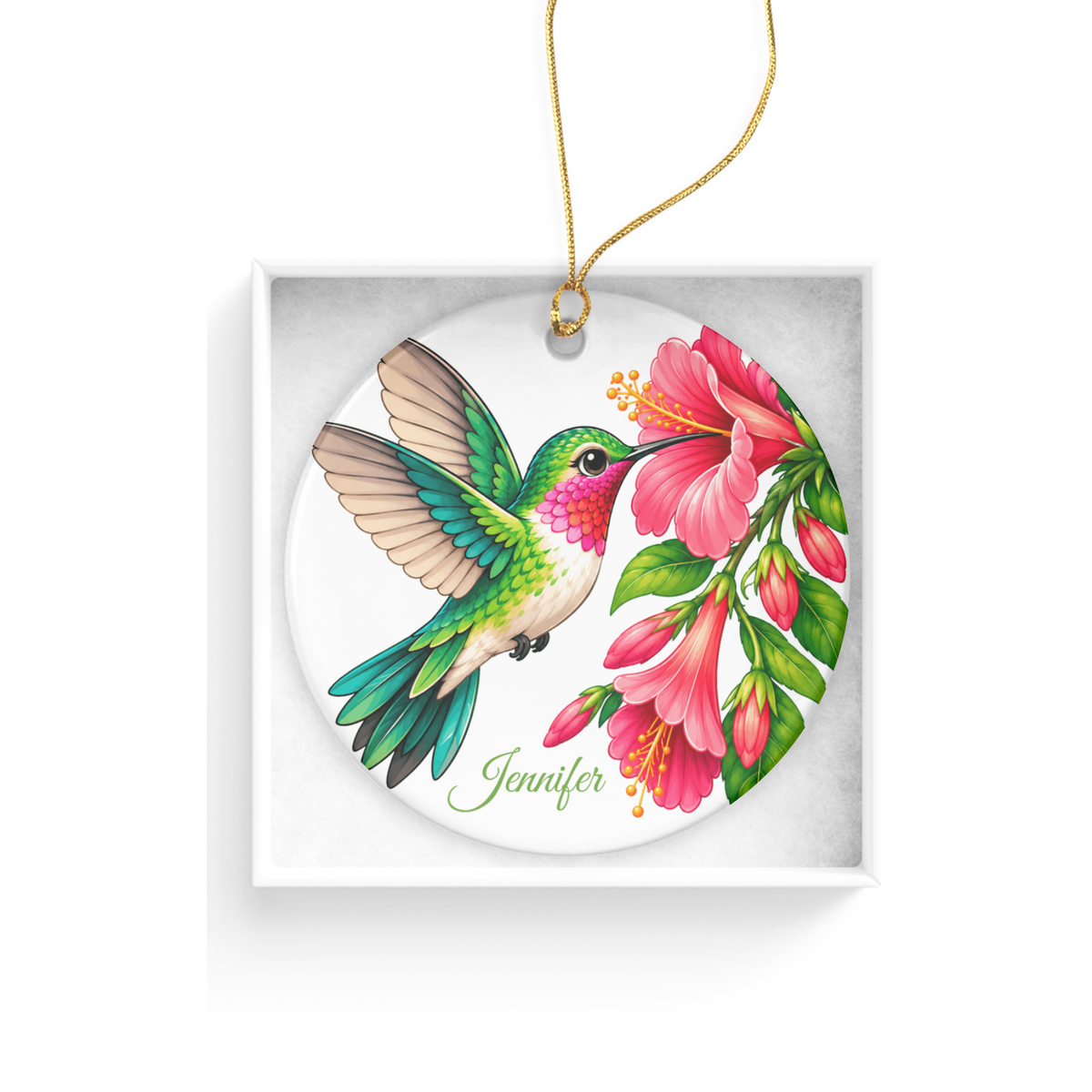 Personalized Hummingbird Ornament, Bird Lover Gift, Floral Hummingbird Keepsake, 3" Ceramic Ornament
