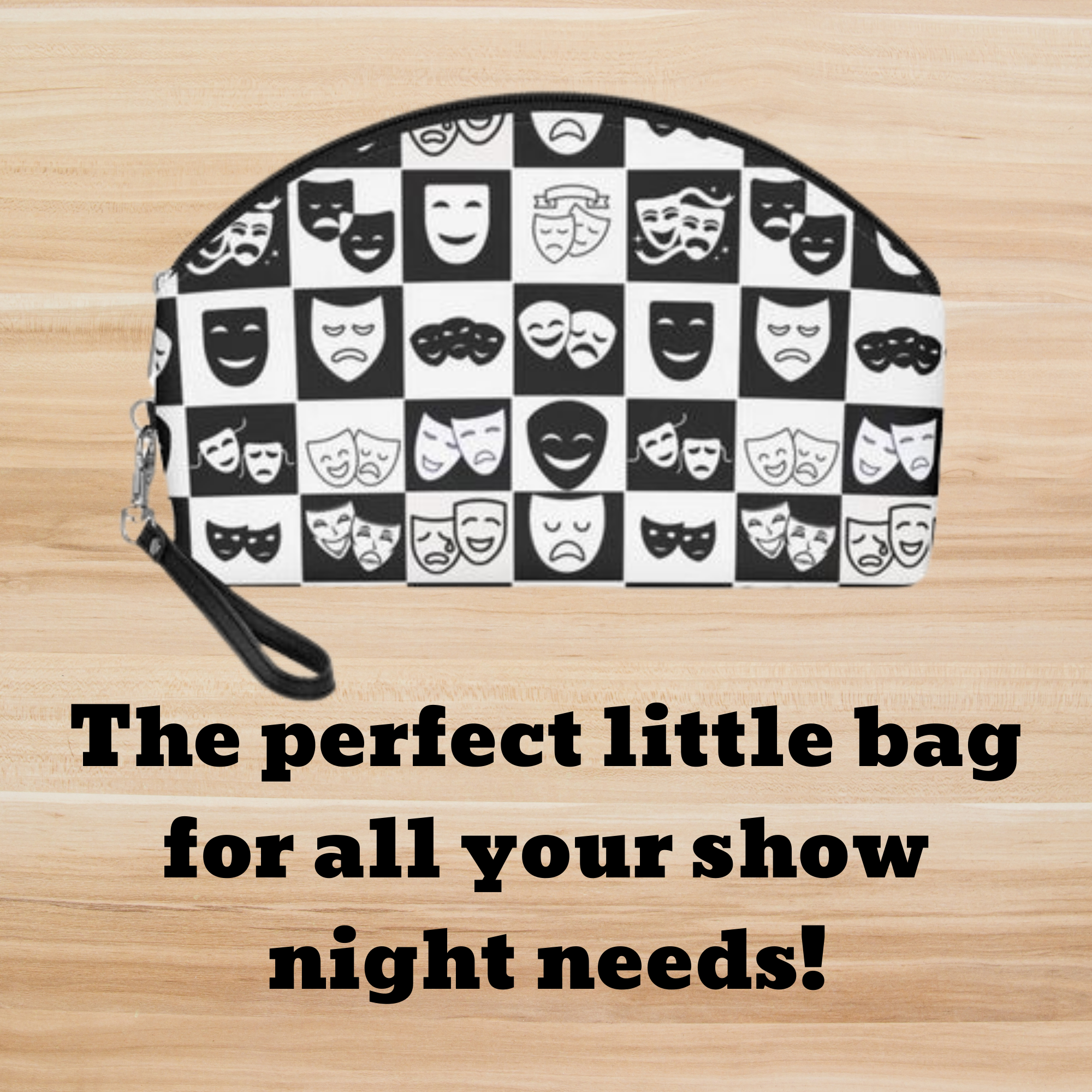 Theater Masks Makeup Bag – Drama Studnet & Theater Lover Gift, PU Leather Cosmetic Pouch with Detachable Strap, Black Interior