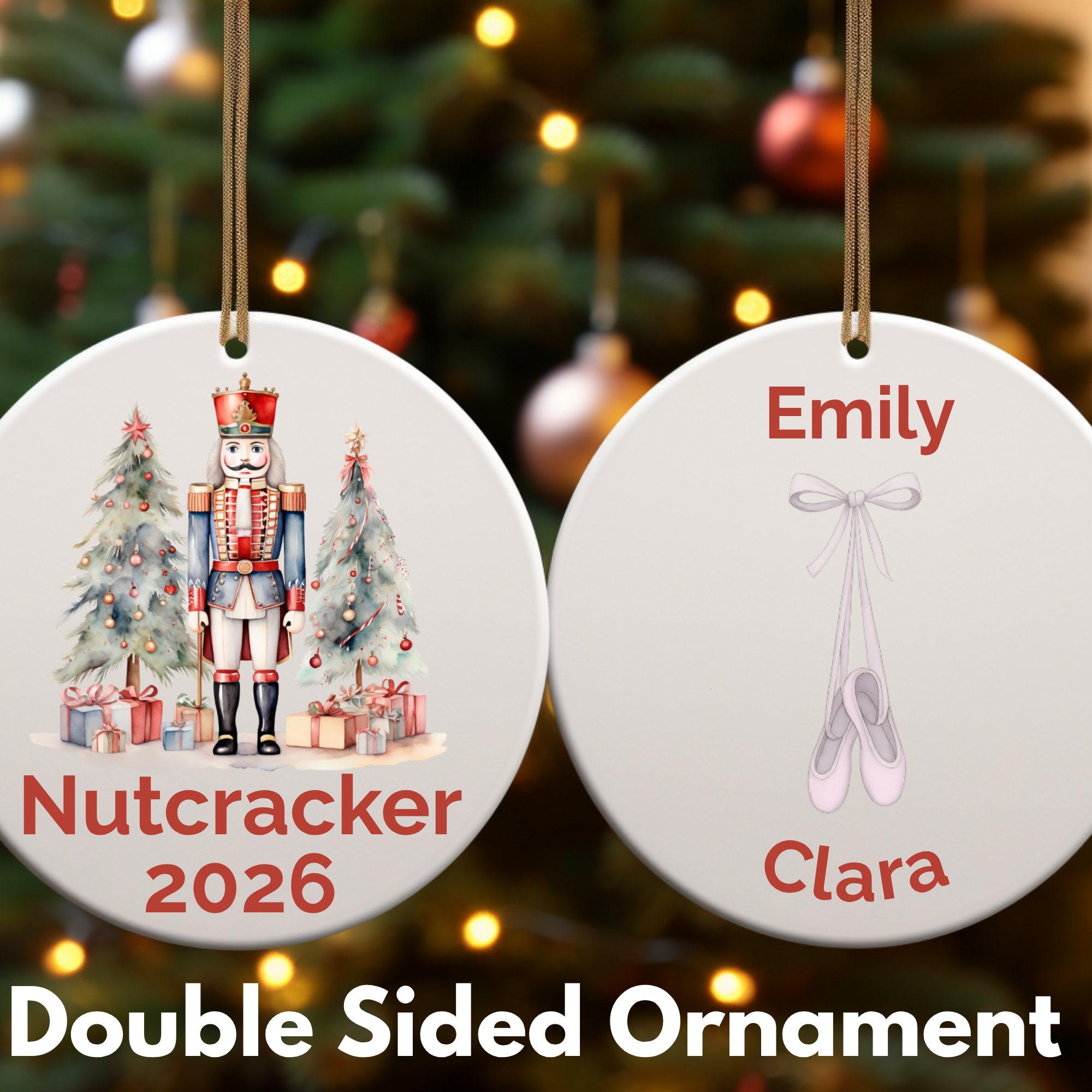 Personalized Nutcracker Ballet Ornament: Double-Sided Ceramic Decoration Ornament, (1pc), Available with Gift Box