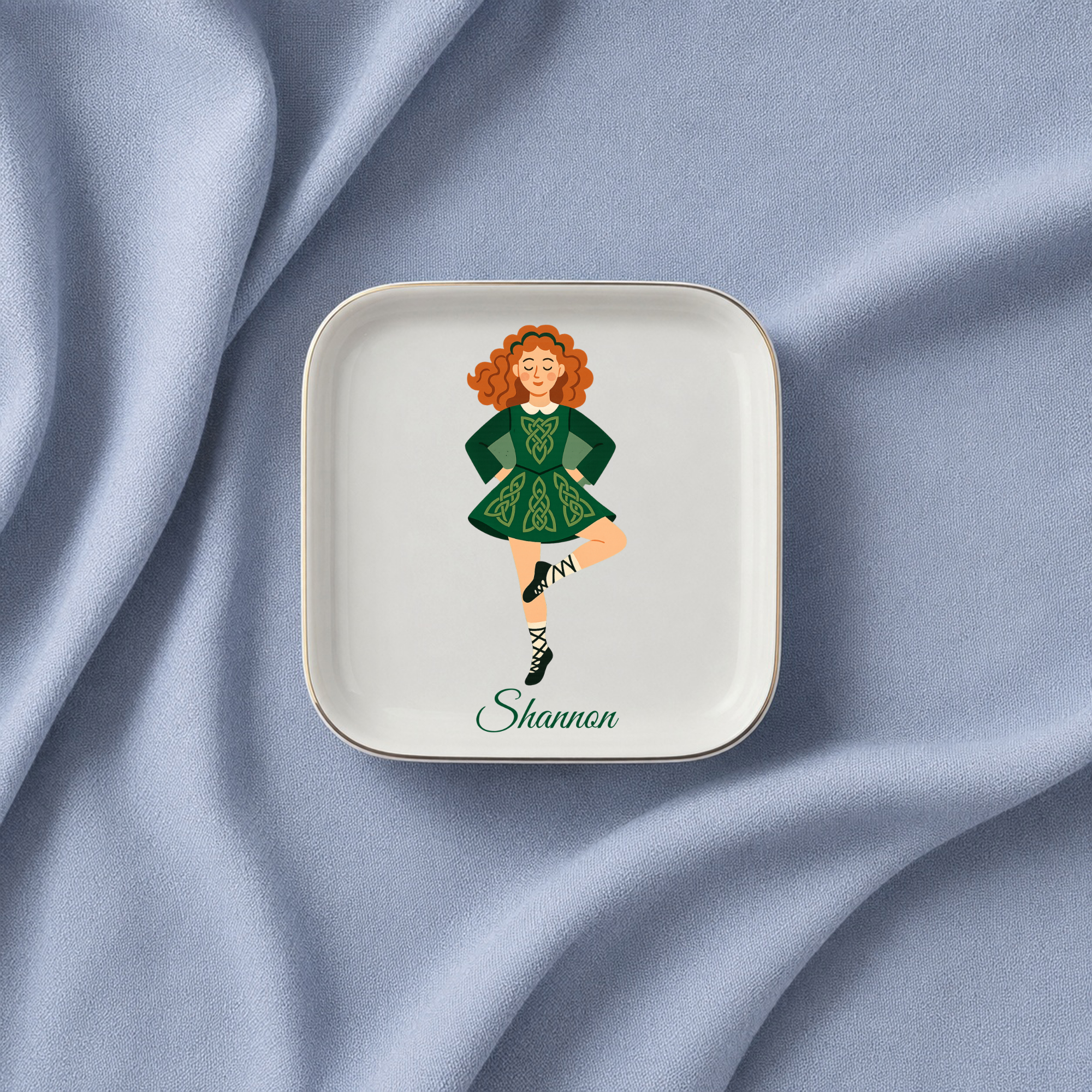 Personalized Celtic Dancer Jewelry Dish, Irish Dance Trinket Tray, Redhead Ballerina Ring Holder, Dance Recital Gift, Ceramic Dish