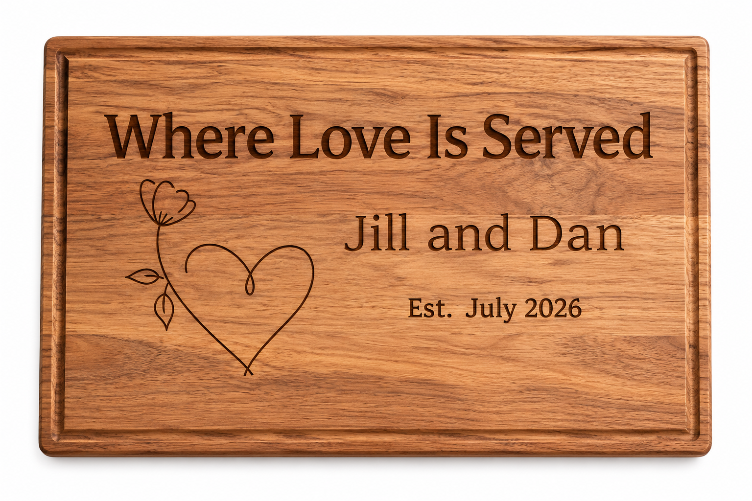 Personalized Engraved Cutting Board, "Where Love Is Served" Heart Design, Wedding Gift