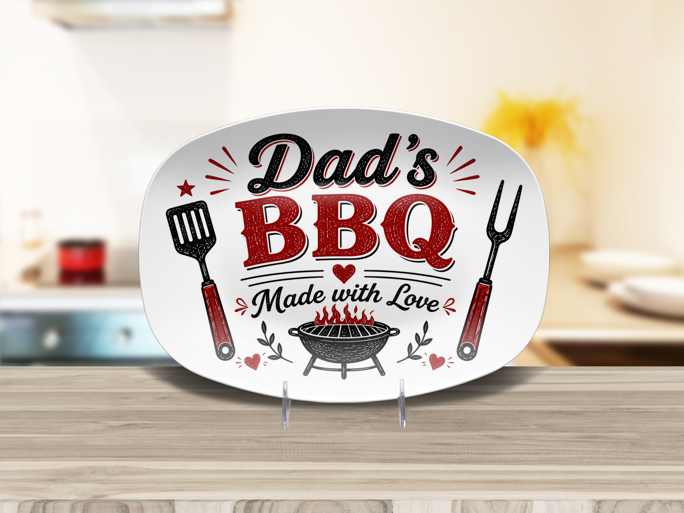 Dad's BBQ Serving Platter, Made With Love Grill Gift, Father's Day Barbecue Entertaining Tray, Oval Outdoor Cookout Table Decor Gift