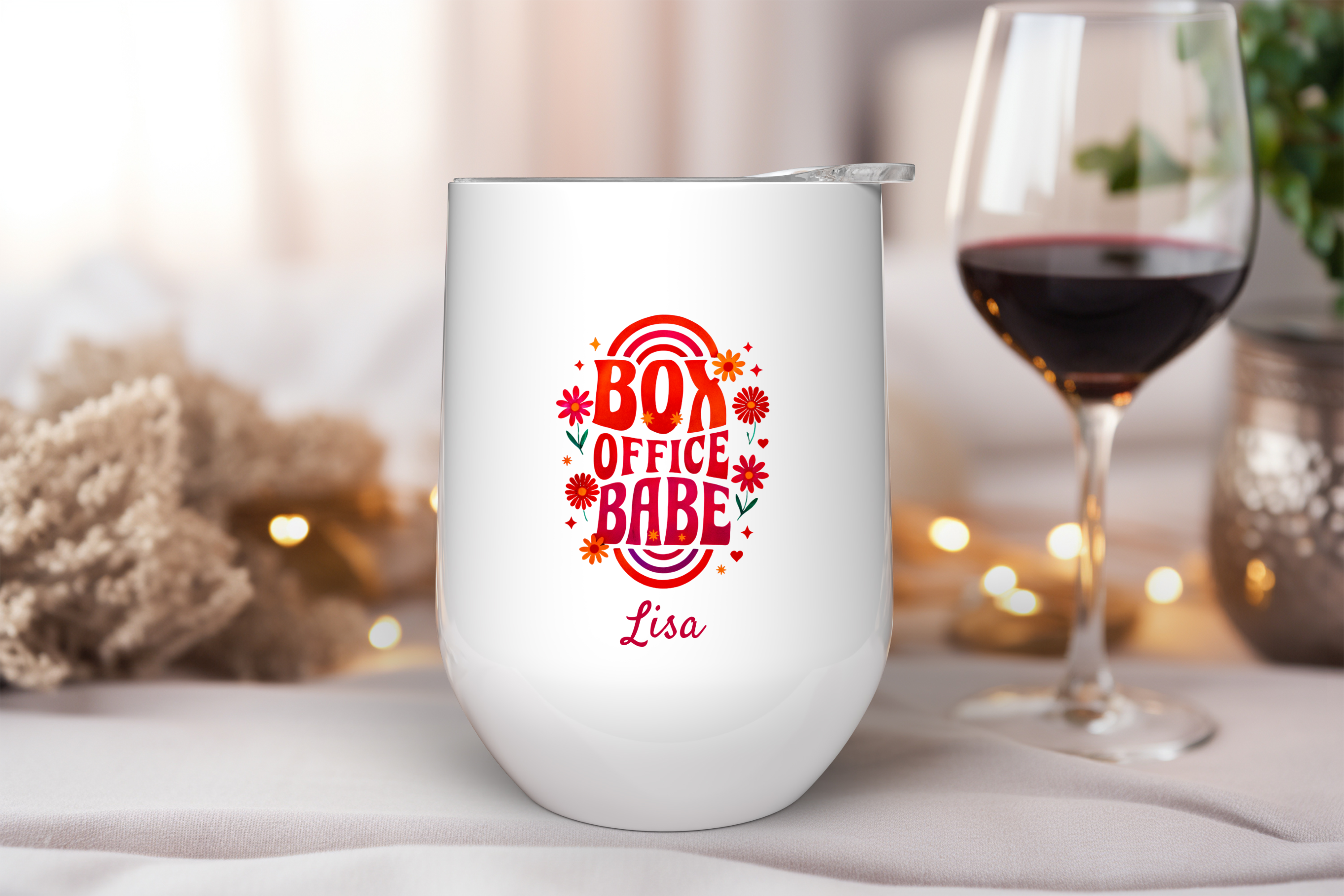 Box Office Babe Wine Tumbler Theater Gift, Personalized Drinkware, Stainless Steel Cup, Fun Gift for Theater Staff