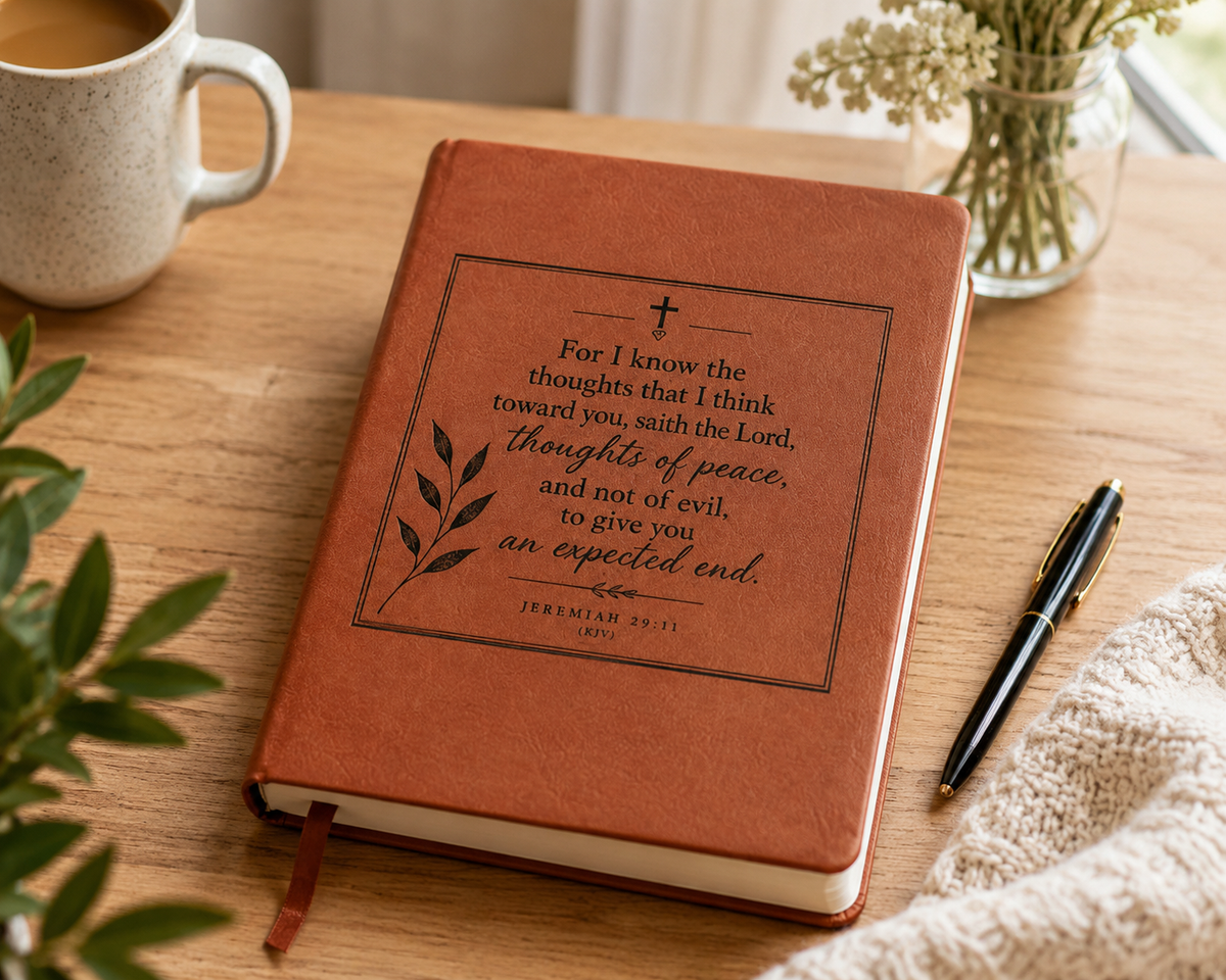Jeremiah 29:11 Vegan Leather Prayer Journal, Christian Scripture Notebook, Bible Verse Faith Diary