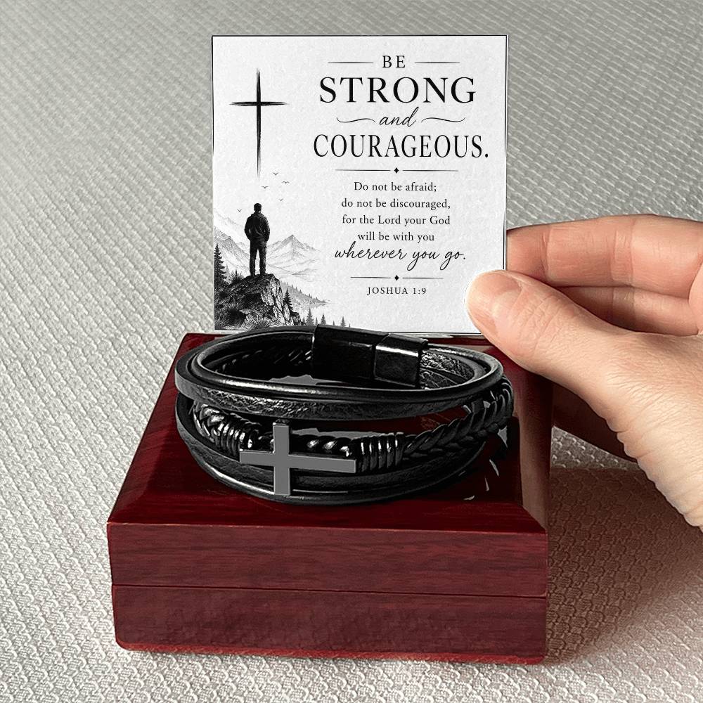 Men's Cross Leather Bracelet, Christian Gift for Him, Joshua 1:9 Courage Bracelet, Faith Gift for Husband, Boyfriend, Dad or Friend