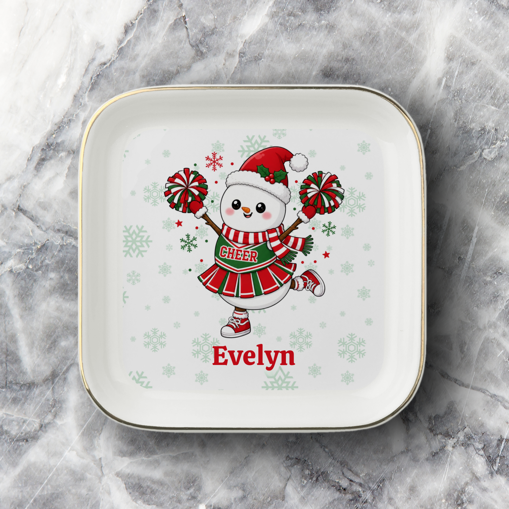 Personalized Cheerleader Snowman Trinket Tray, Christmas Jewelry Dish, Cheer Team Gift for Her, Ceramic Ring Holder