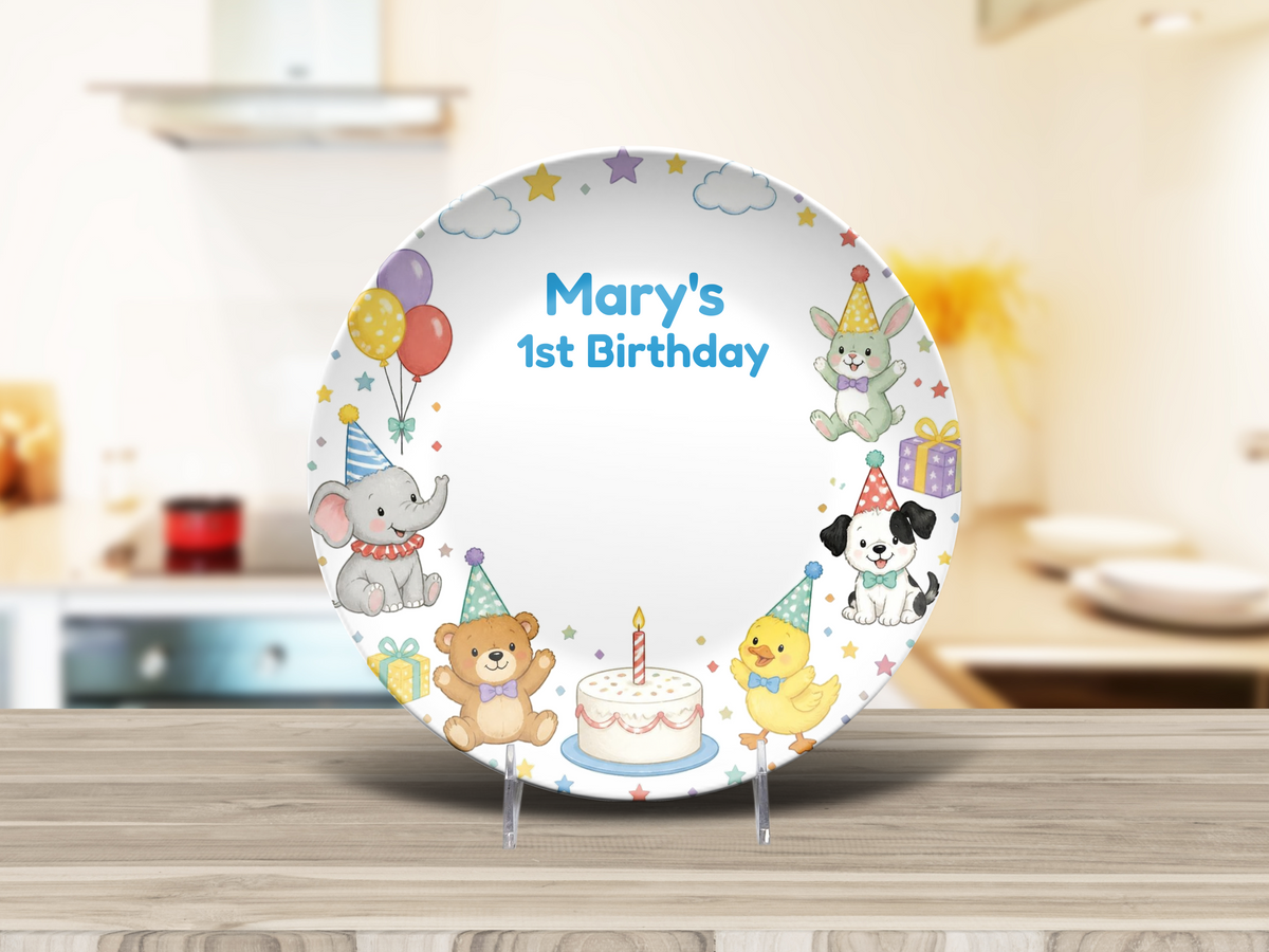 Personalized 1st Birthday Plate, Cute Animal Birthday Party Keepsake, Custom Celebration Decor Gift, 10 Inch UNBREAKABLE Plate– Not Ceramic,