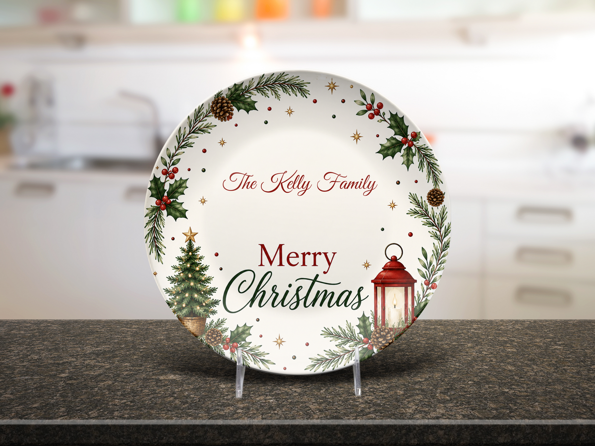 Personalized Christmas Family Plate, Merry Christmas Holiday Dinnerware, Festive Holly Pine Tree Lantern Seasonal Serving Plate Gift
