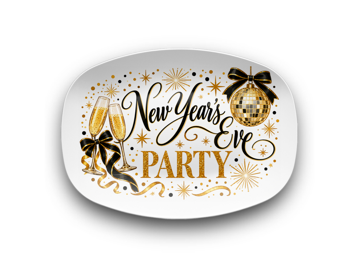 New Year's Eve Party Serving Platter, Black and Gold Champagne Celebration Decor, Oval Holiday Entertaining Dish, Microwave Safe, 10 x 14