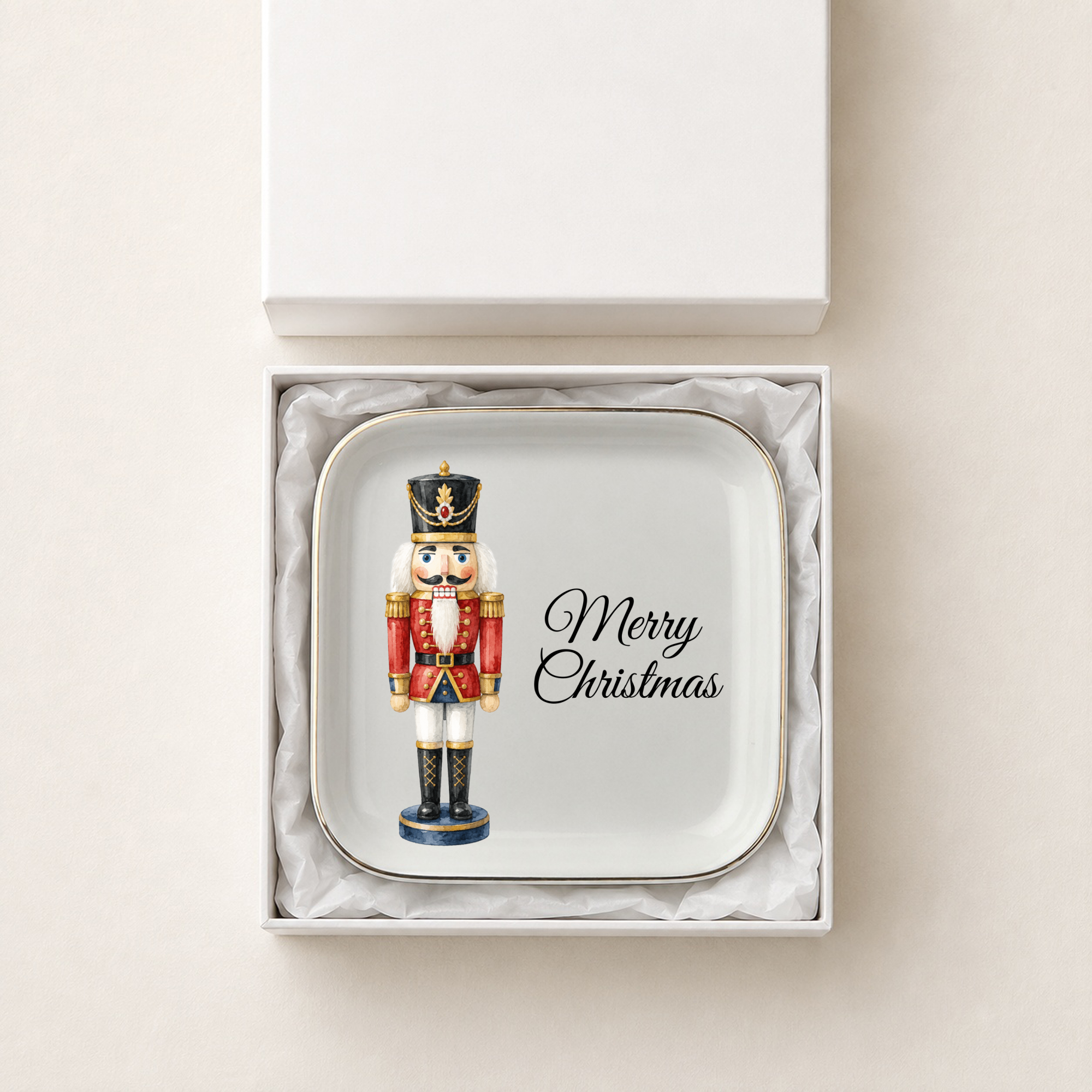 Nutcracker Christmas Jewelry Dish, Merry Christmas Trinket Tray, Gold Trim Ceramic Ring Holder, Holiday Gift for Nutcracker Lovers