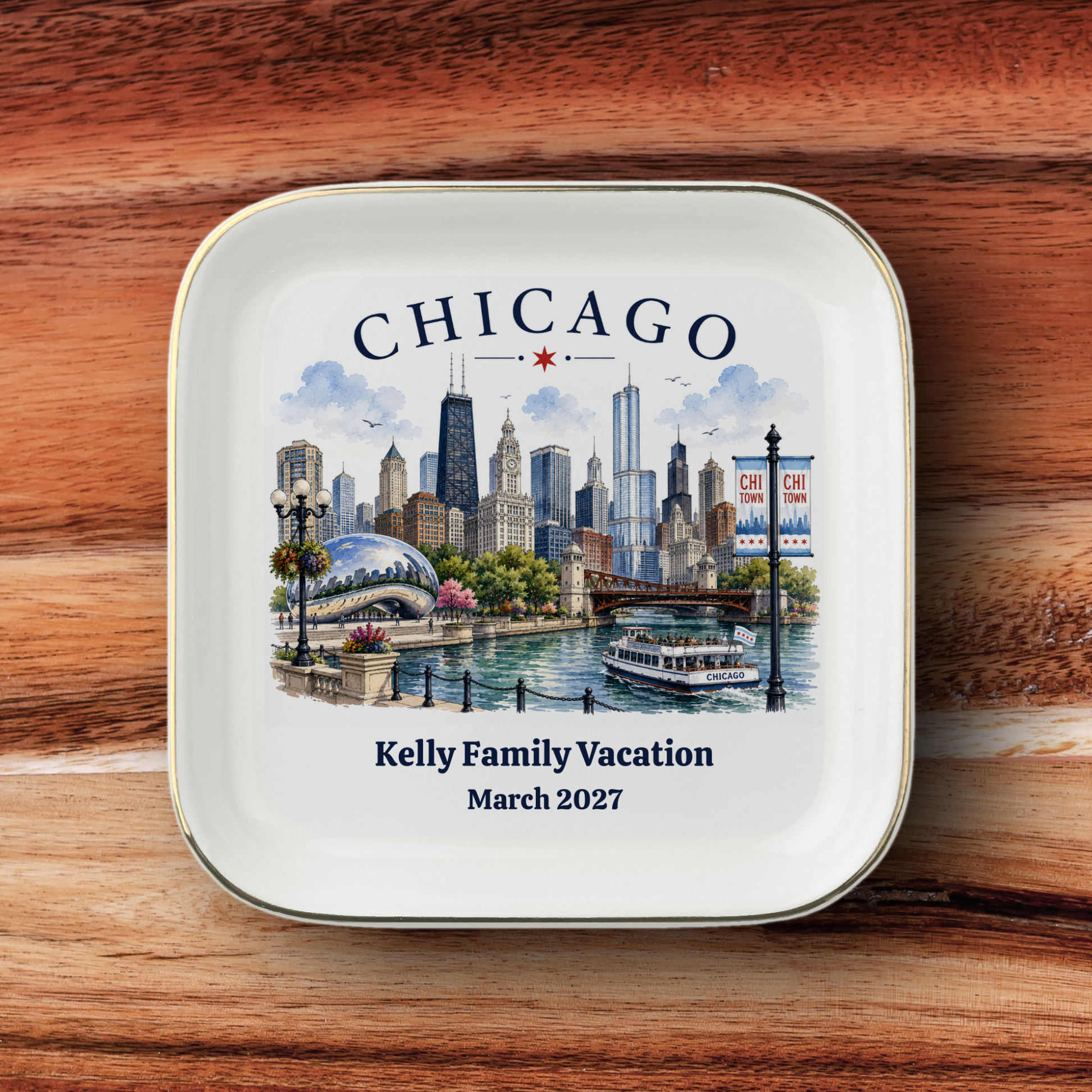 Personalized Chicago Skyline Jewelry Dish, Chicago Keepsake Tray, Chicago River Scene, Catchall Dish, Travel Gift
