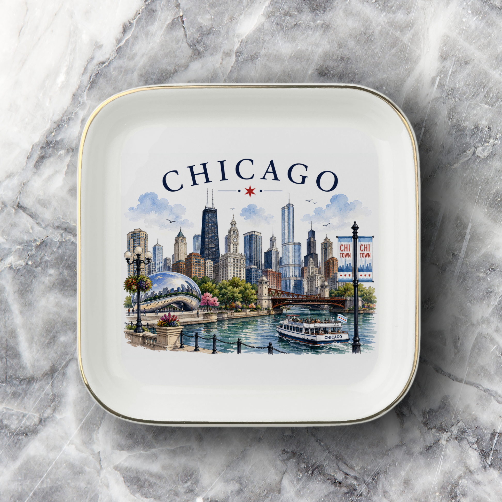 Chicago Skyline Jewelry Dish, Chicago Keepsake Tray, City Souvenir, Chicago River Scene, Gold Trim Ceramic Catchall Dish, Travel Gift
