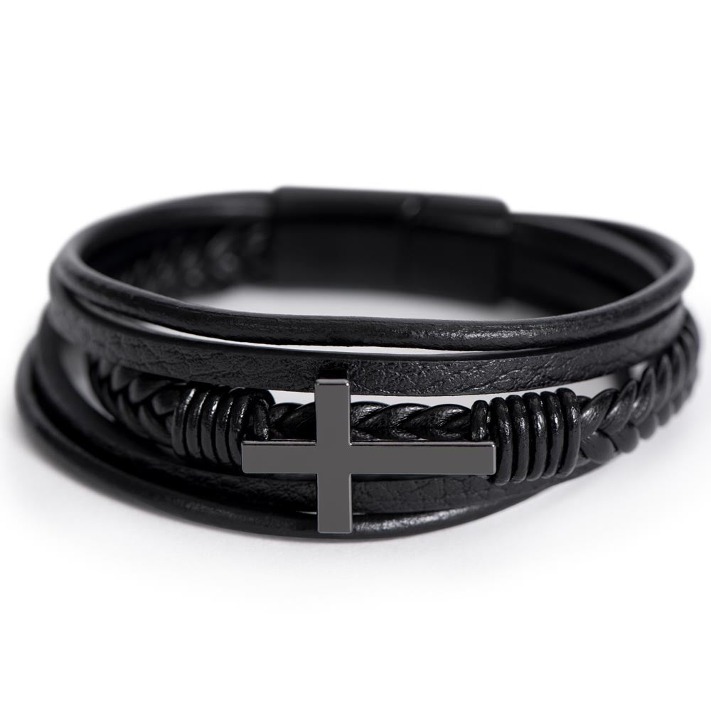 Men's Cross Leather Bracelet, Christian Gift for Him, Joshua 1:9 Courage Bracelet, Faith Gift for Husband, Boyfriend, Dad or Friend