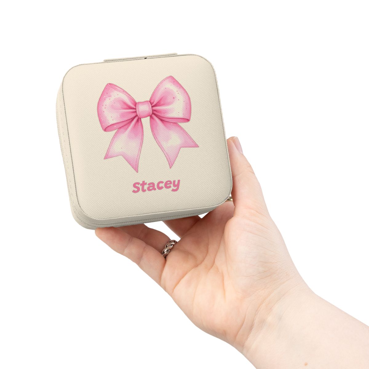 Personalized Jewelry Travel Case with Pink Bow, Custom Name, Cheer or Ballet Gift, Plush Interior 4x4x2 Size with Zip Closure