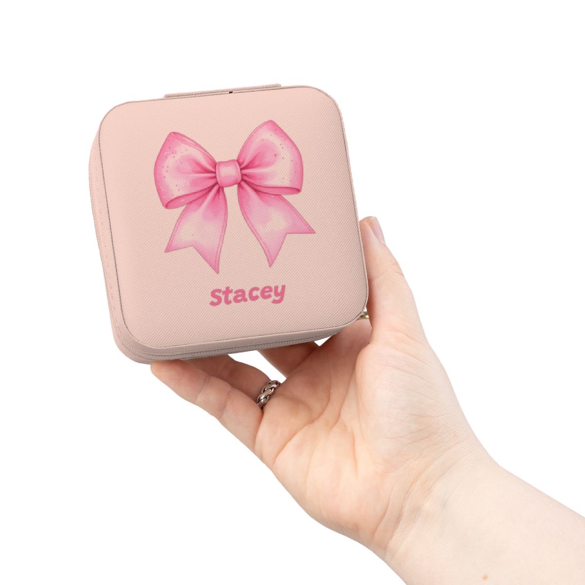 Personalized Jewelry Travel Case with Pink Bow, Custom Name, Cheer or Ballet Gift, Plush Interior 4x4x2 Size with Zip Closure
