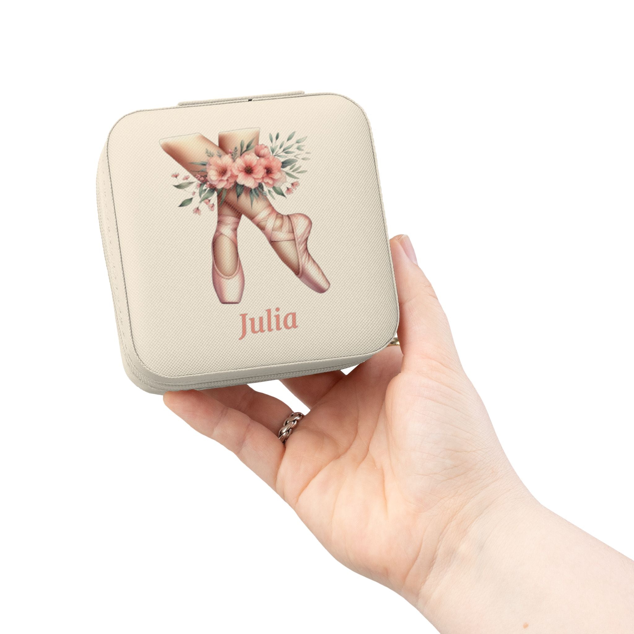 Personalized Ballerina Jewelry Travel Case, Custom Name, Ballet Pointe Shoes & Floral Design, 4x4x2 Plush Zip Jewelry Box