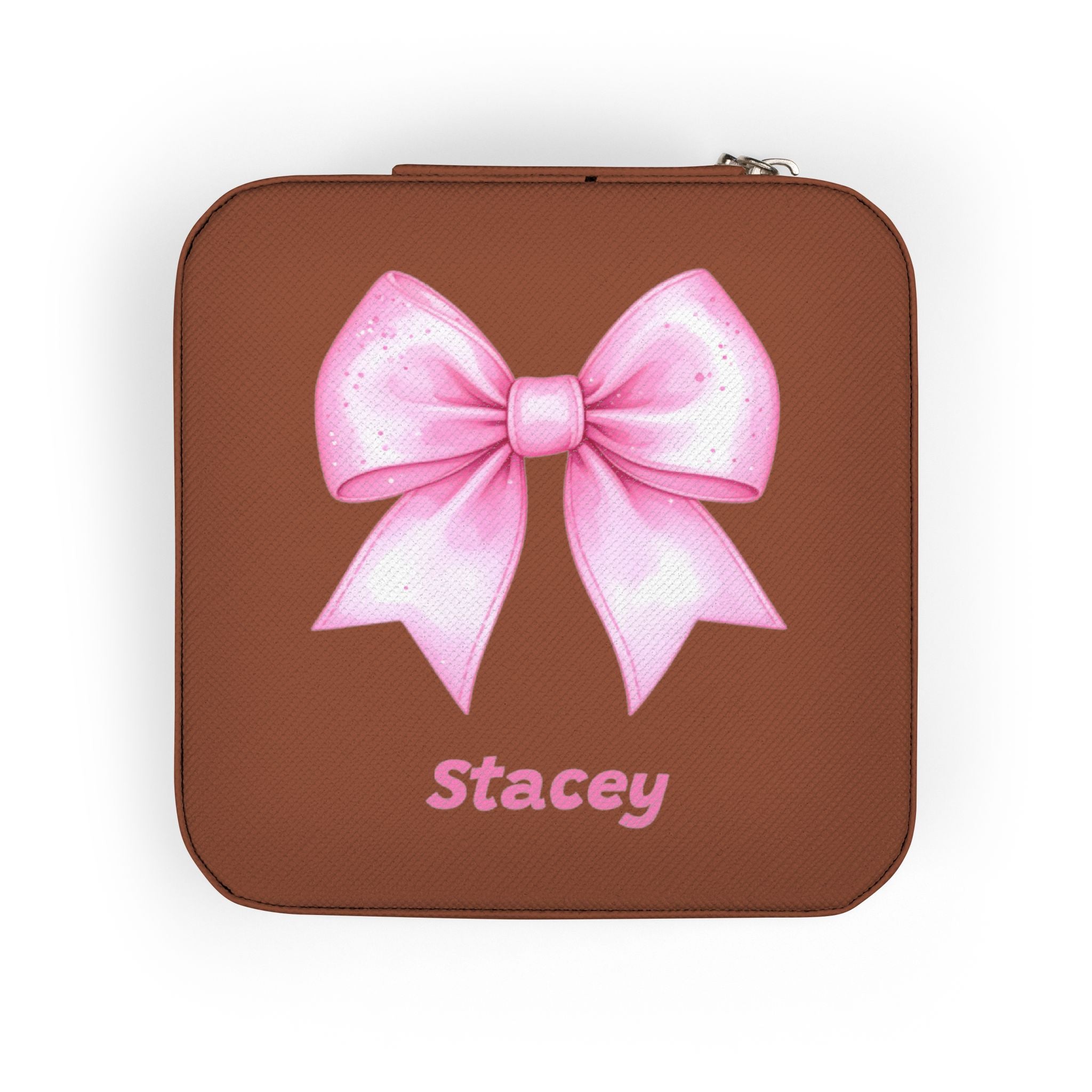 Personalized Jewelry Travel Case with Pink Bow, Custom Name, Cheer or Ballet Gift, Plush Interior 4x4x2 Size with Zip Closure