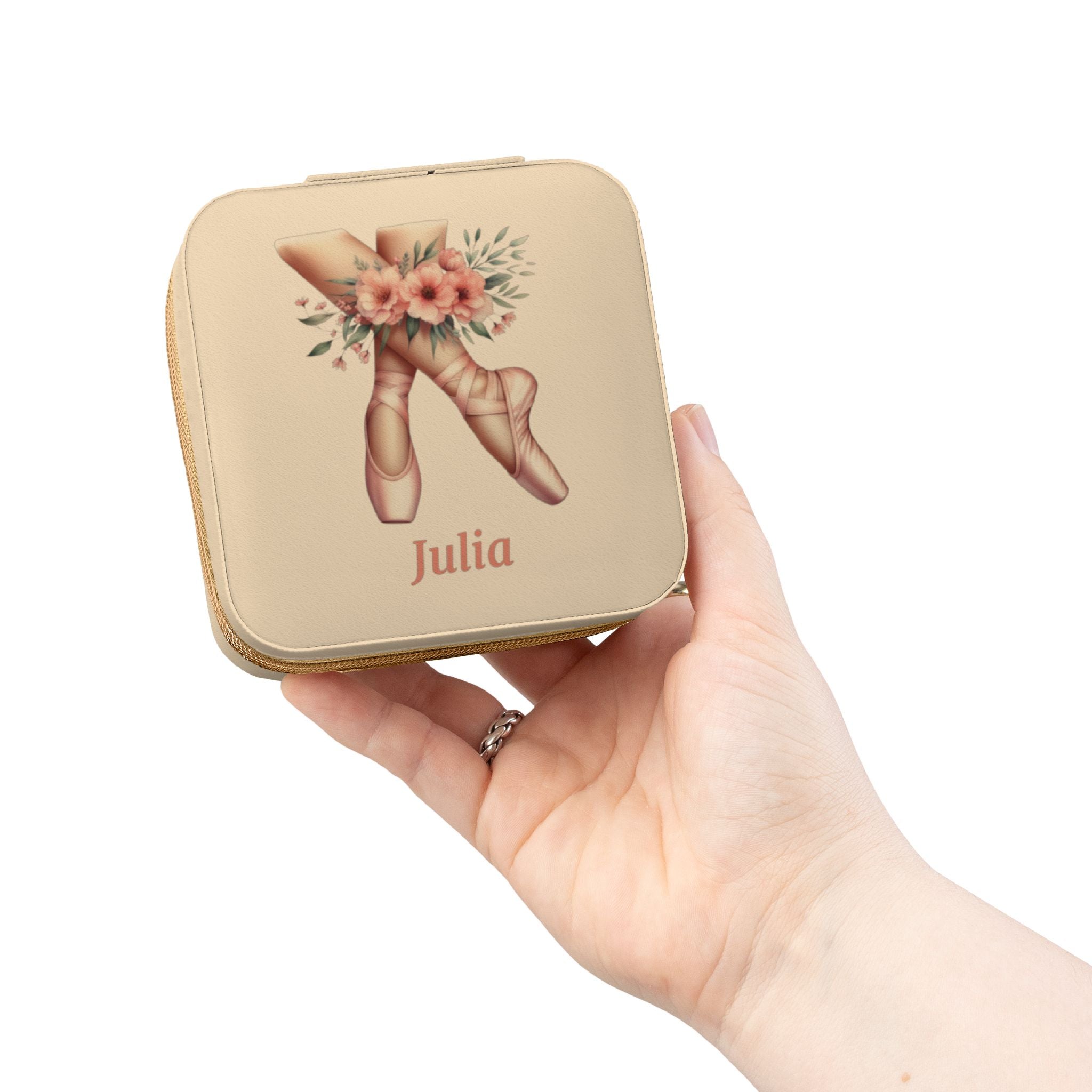 Personalized Ballerina Jewelry Travel Case, Custom Name, Ballet Pointe Shoes & Floral Design, 4x4x2 Plush Zip Jewelry Box