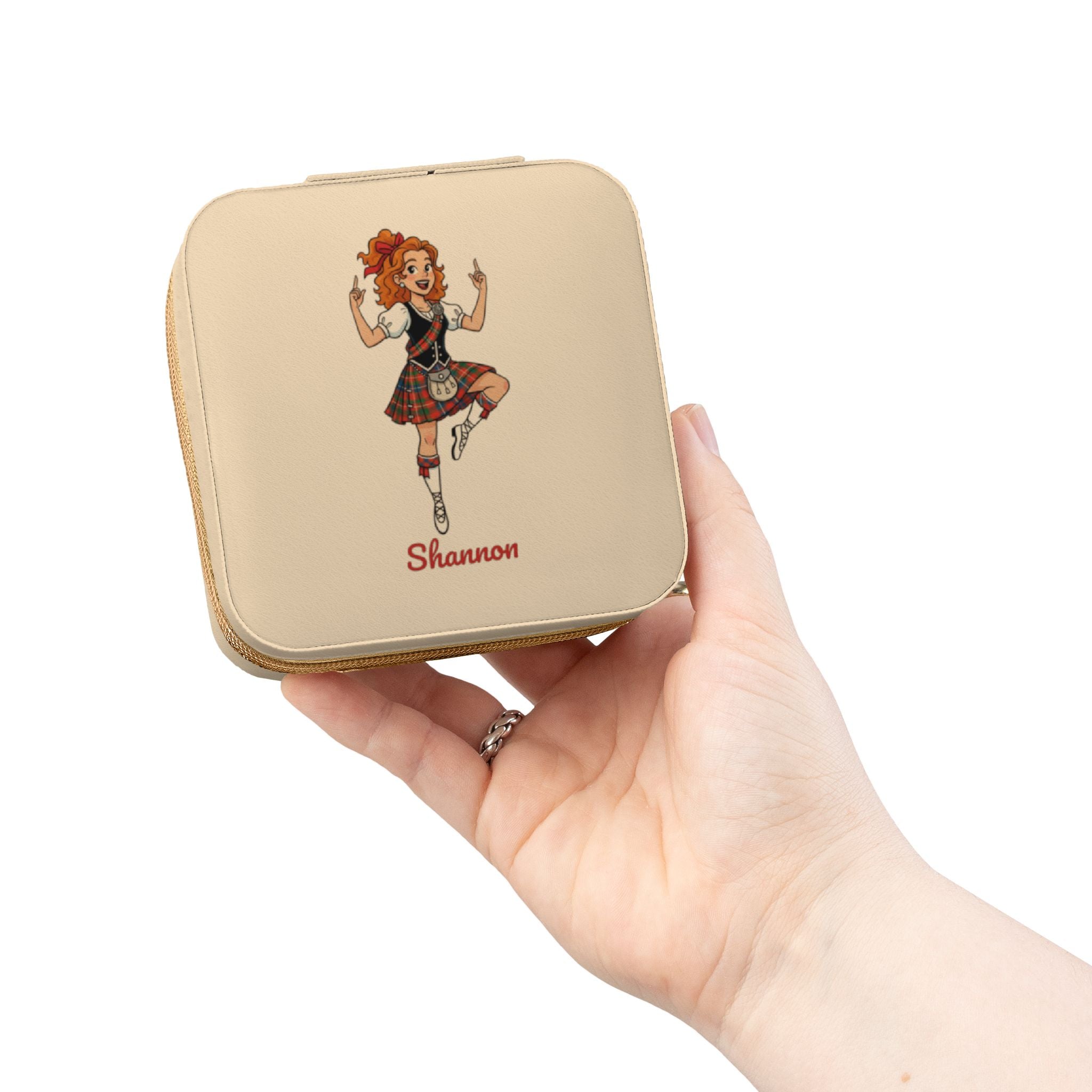 Personalized Scottish Highland Dancer Jewelry Travel Case, Cute Scottish Dance Girl Graphic, Custom Name Jewelry Box, Gift for Her