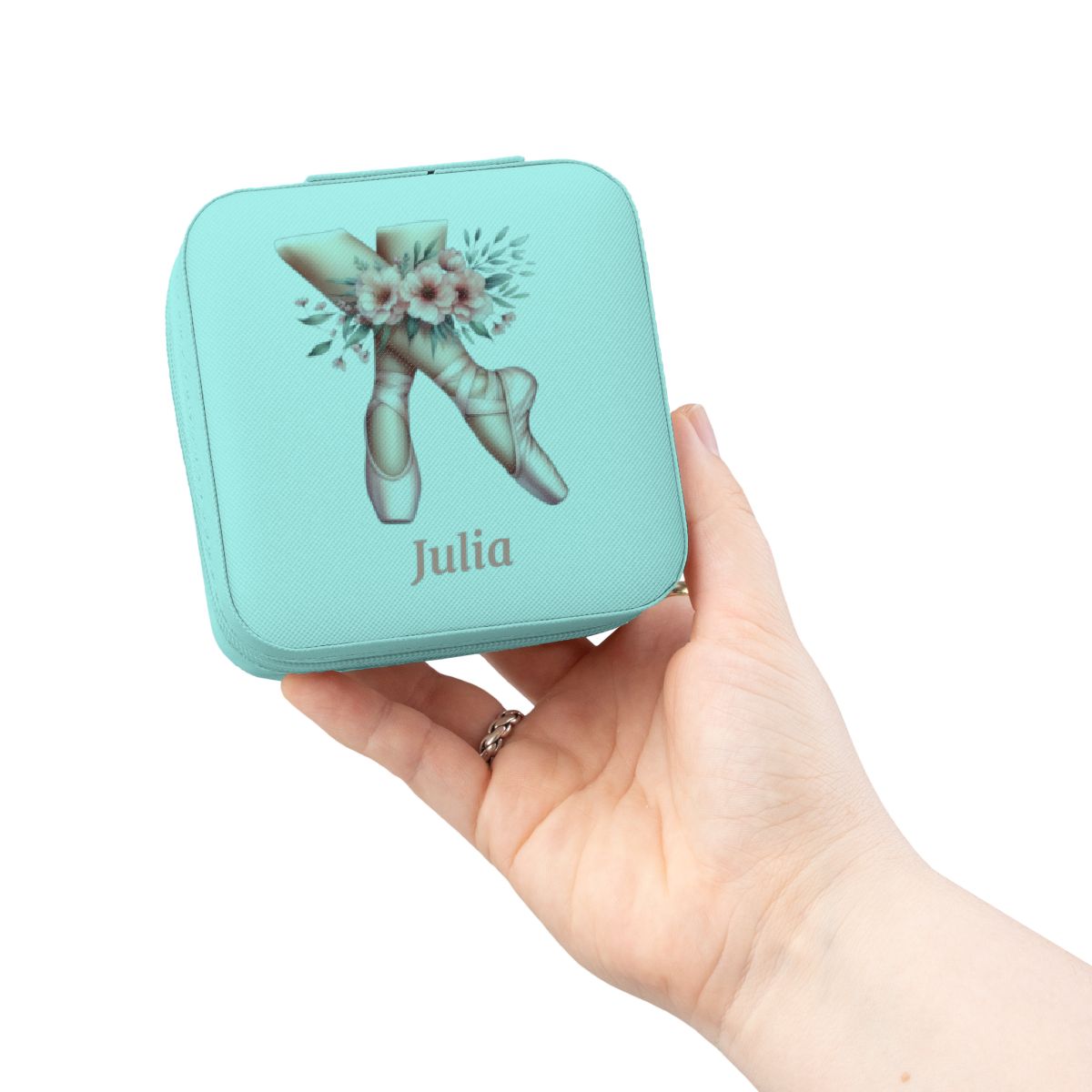 Personalized Ballerina Jewelry Travel Case, Custom Name, Ballet Pointe Shoes & Floral Design, 4x4x2 Plush Zip Jewelry Box
