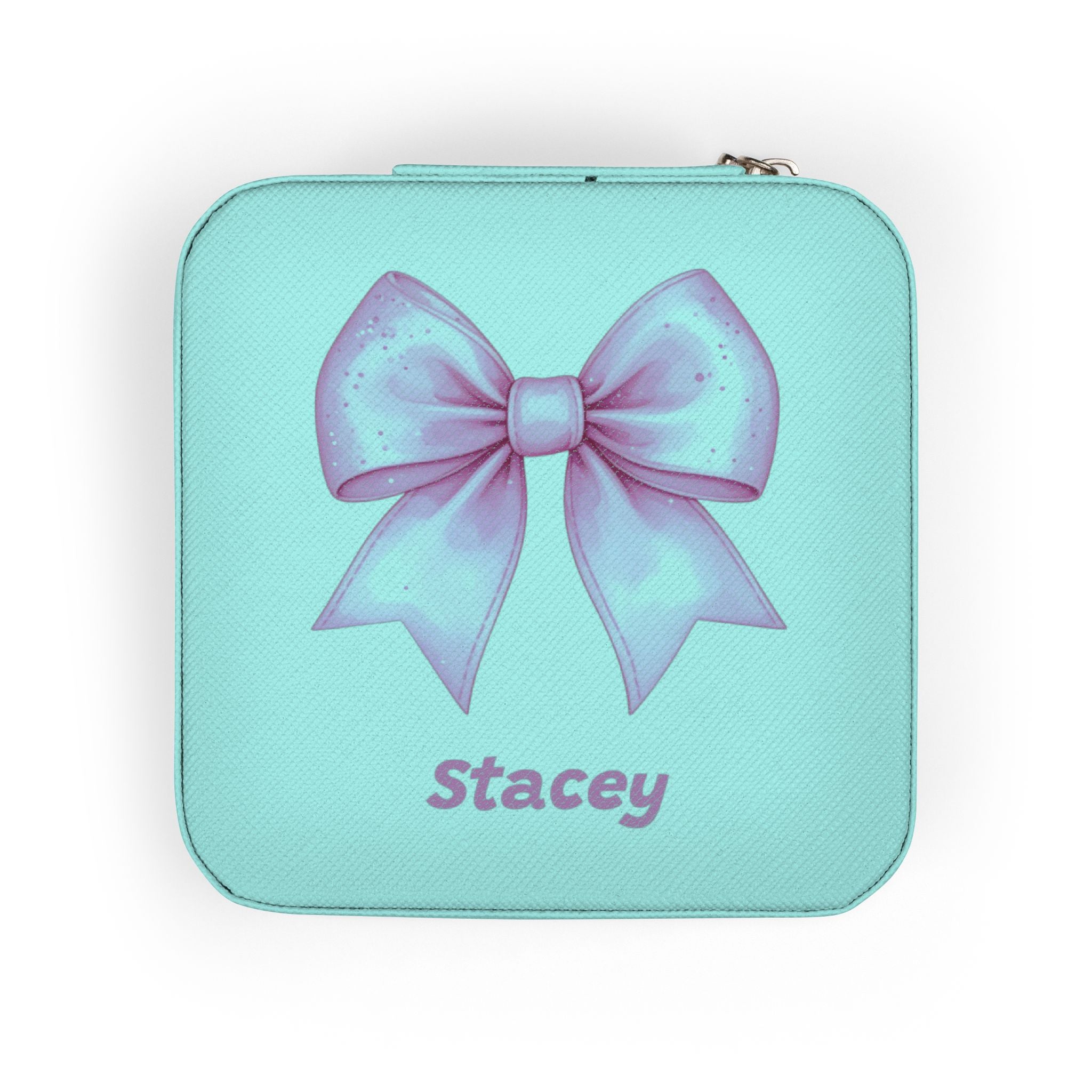 Personalized Jewelry Travel Case with Pink Bow, Custom Name, Cheer or Ballet Gift, Plush Interior 4x4x2 Size with Zip Closure
