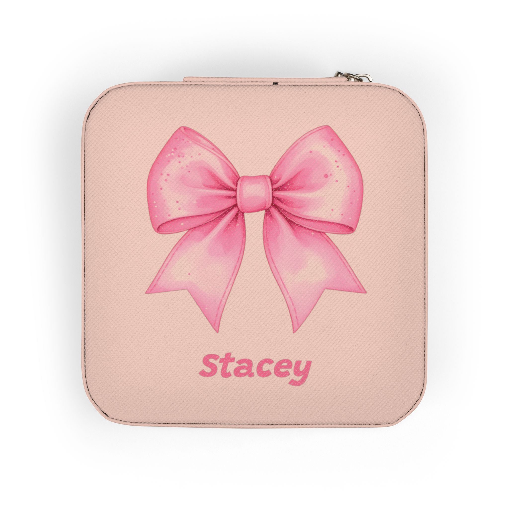 Personalized Jewelry Travel Case with Pink Bow, Custom Name, Cheer or Ballet Gift, Plush Interior 4x4x2 Size with Zip Closure