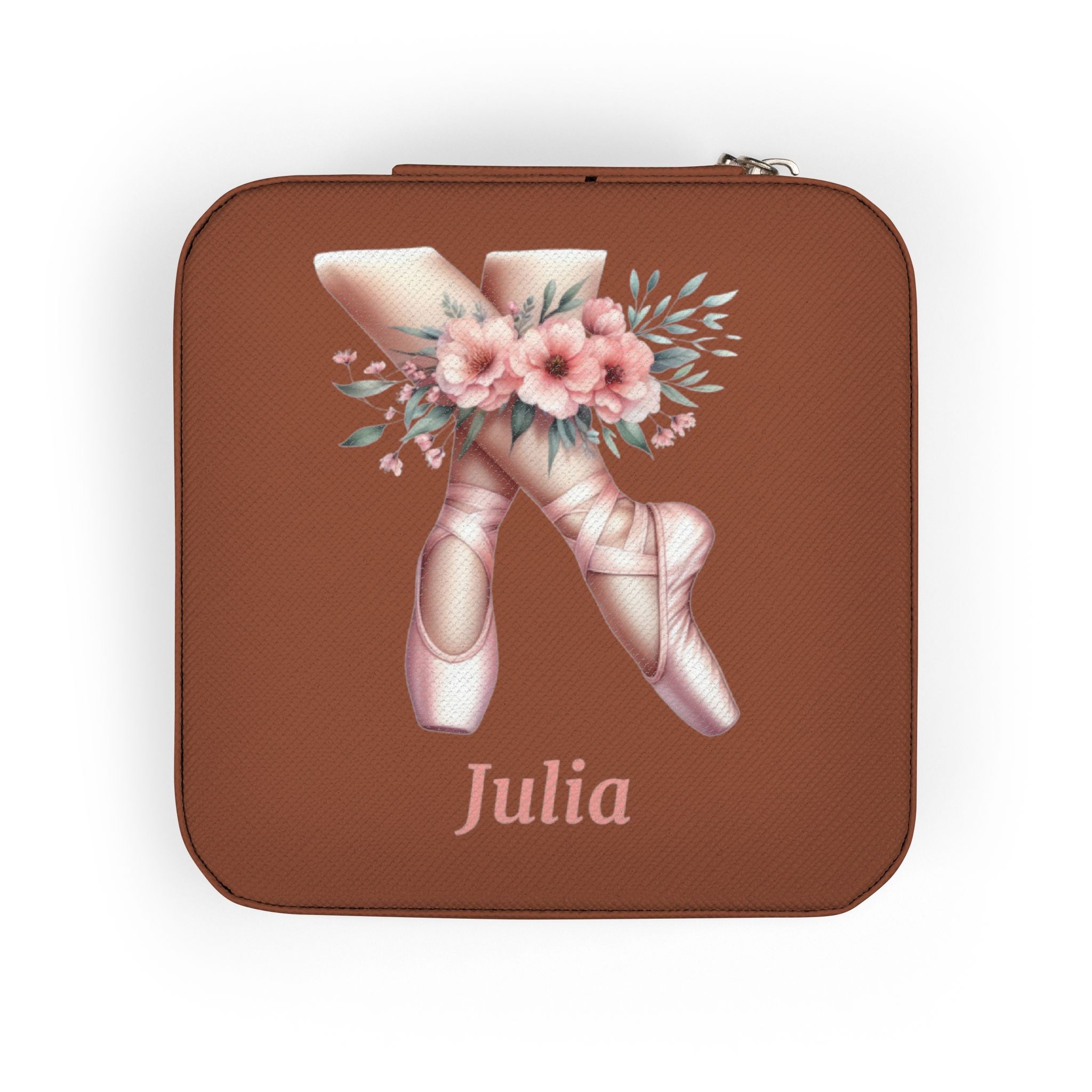 Personalized Ballerina Jewelry Travel Case, Custom Name, Ballet Pointe Shoes & Floral Design, 4x4x2 Plush Zip Jewelry Box