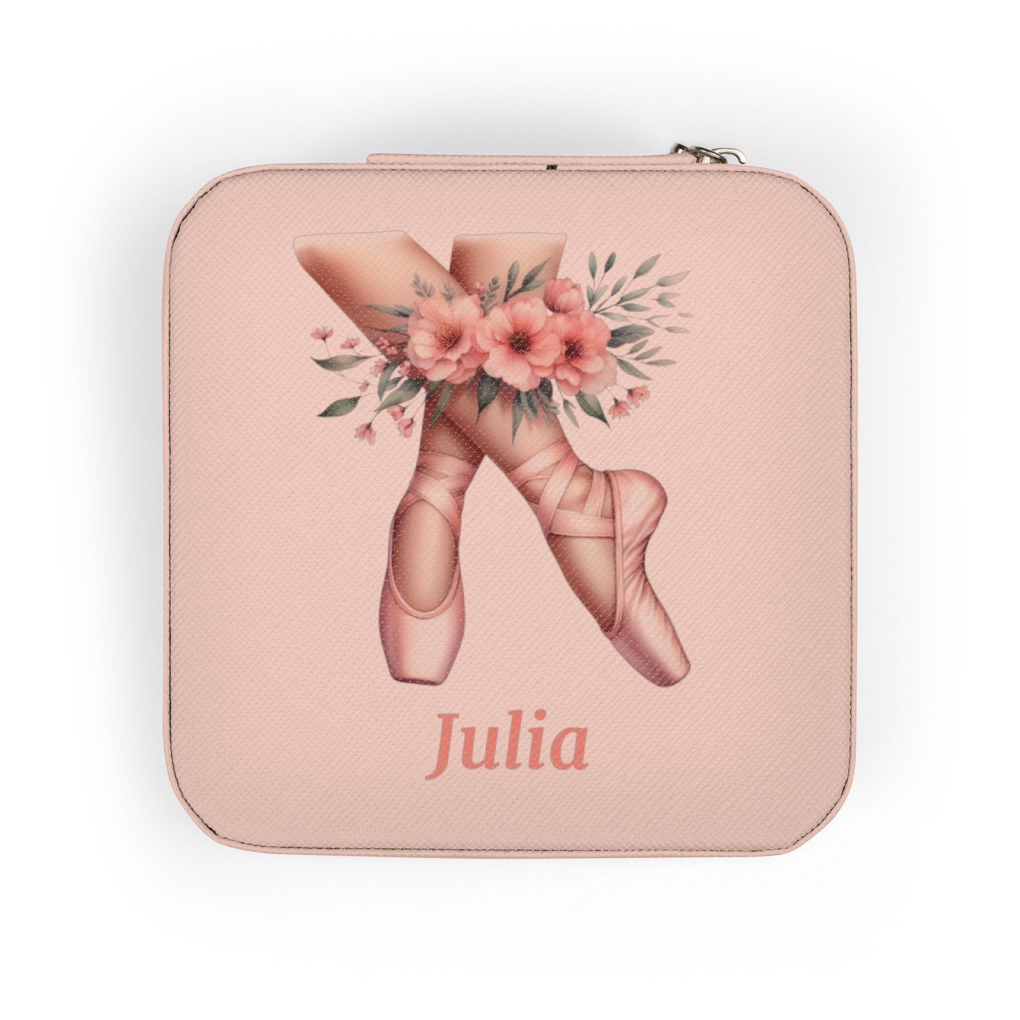 Personalized Ballerina Jewelry Travel Case, Custom Name, Ballet Pointe Shoes & Floral Design, 4x4x2 Plush Zip Jewelry Box