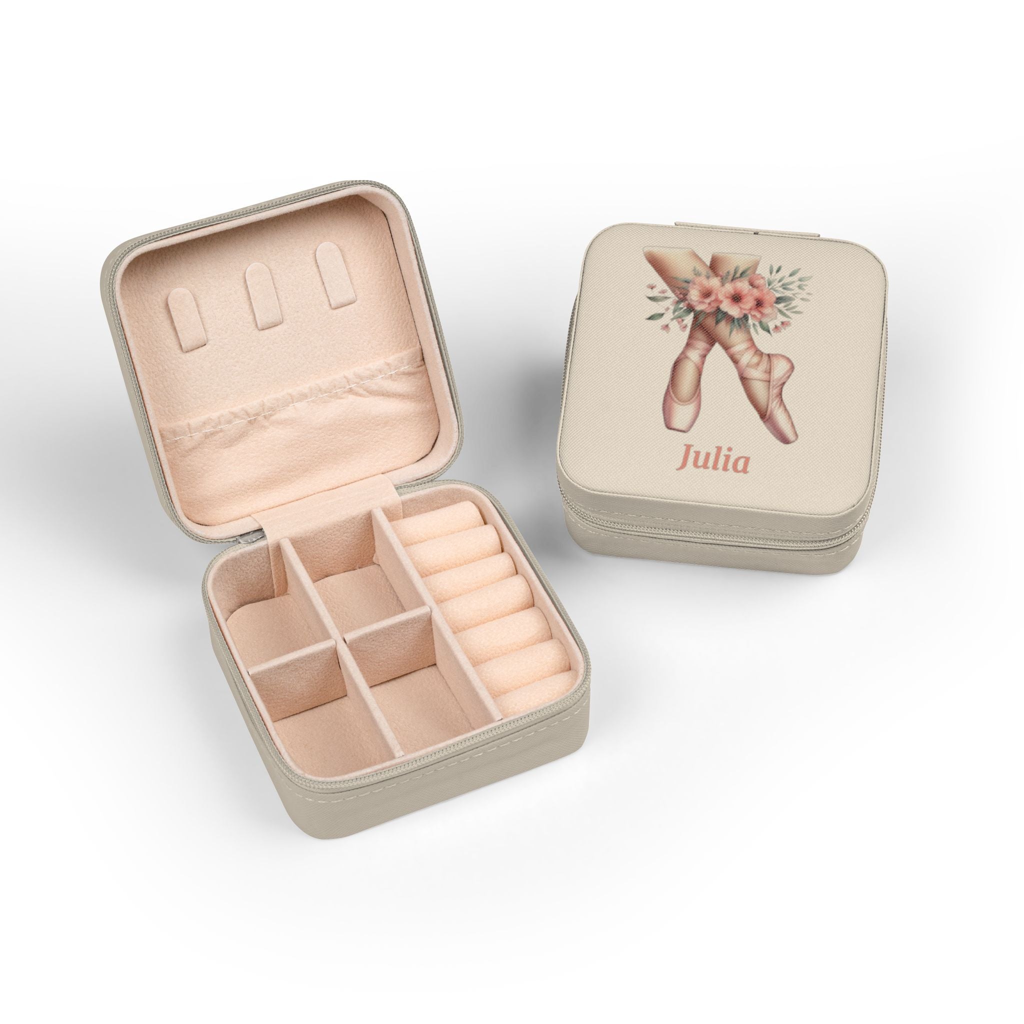 Personalized Ballerina Jewelry Travel Case, Custom Name, Ballet Pointe Shoes & Floral Design, 4x4x2 Plush Zip Jewelry Box