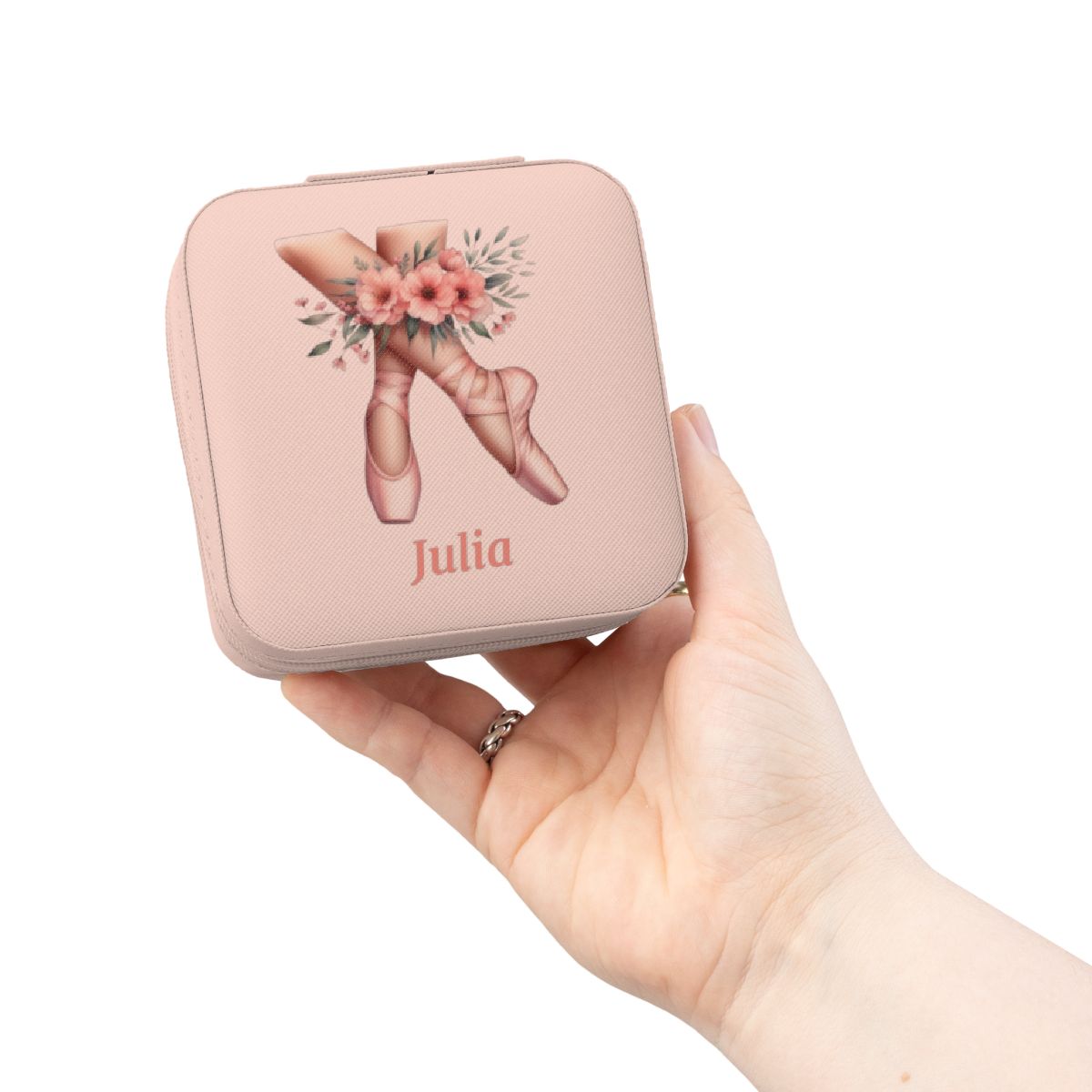 Personalized Ballerina Jewelry Travel Case, Custom Name, Ballet Pointe Shoes & Floral Design, 4x4x2 Plush Zip Jewelry Box