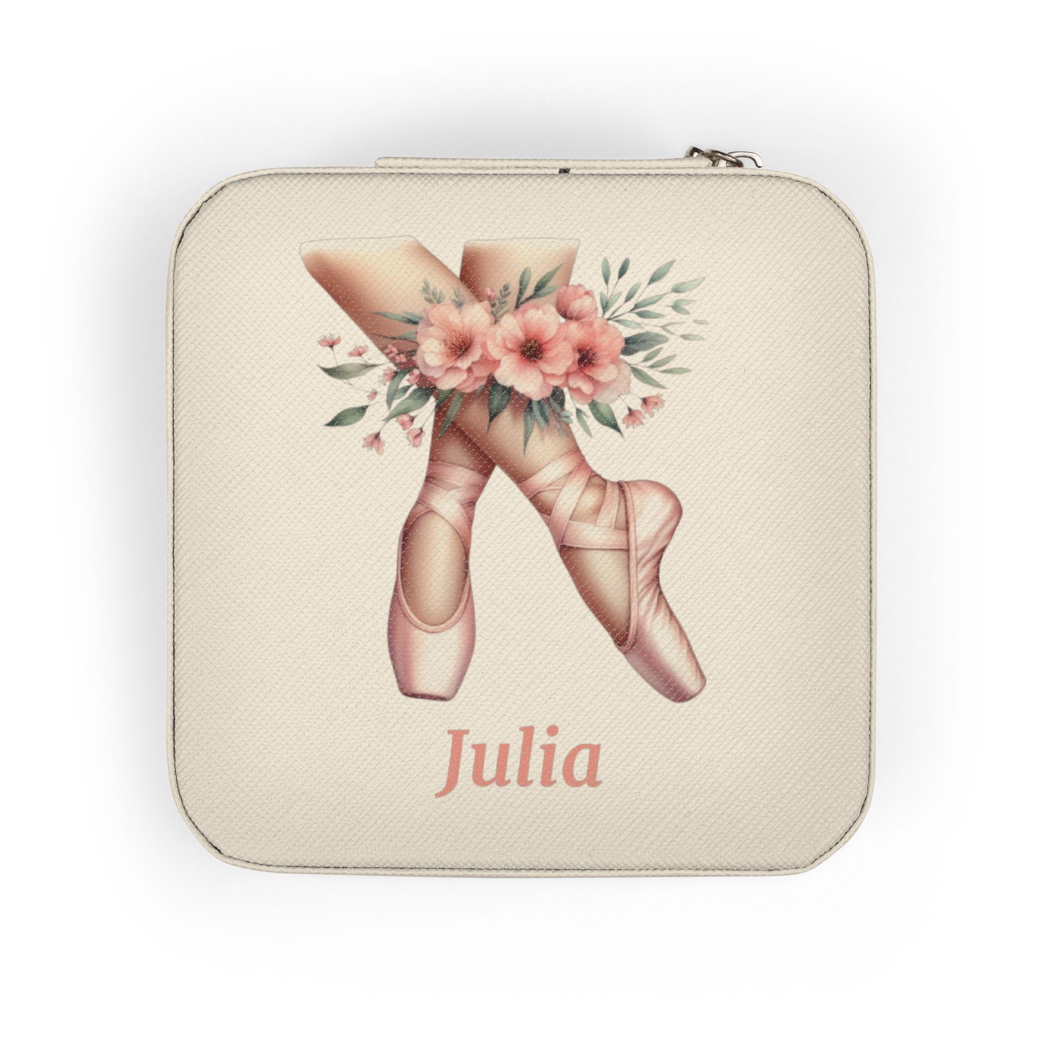 Personalized Ballerina Jewelry Travel Case, Custom Name, Ballet Pointe Shoes & Floral Design, 4x4x2 Plush Zip Jewelry Box