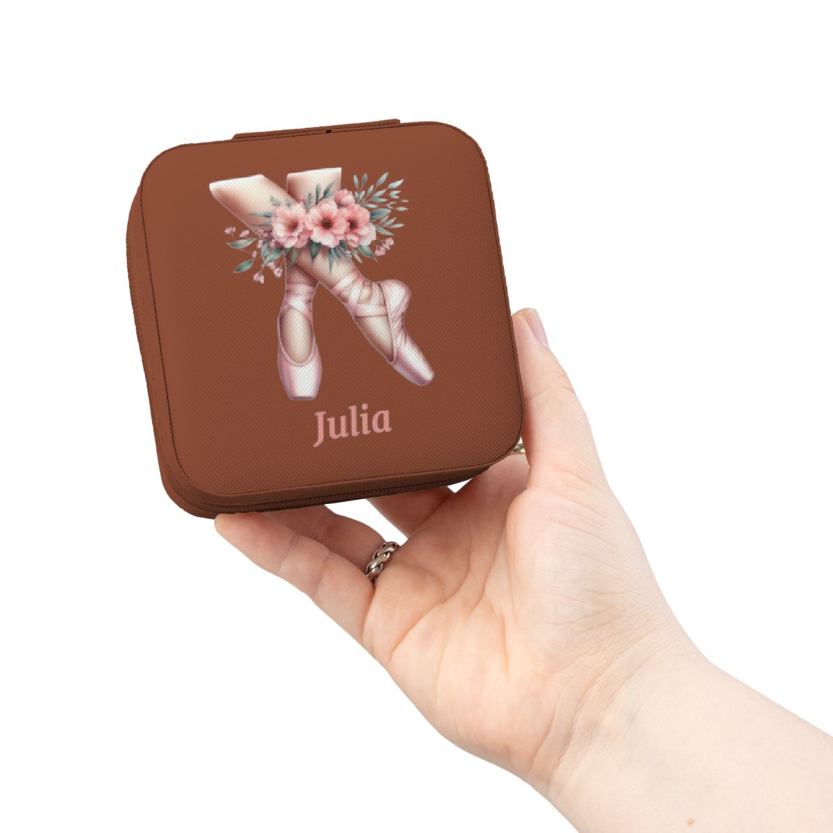 Personalized Ballerina Jewelry Travel Case, Custom Name, Ballet Pointe Shoes & Floral Design, 4x4x2 Plush Zip Jewelry Box
