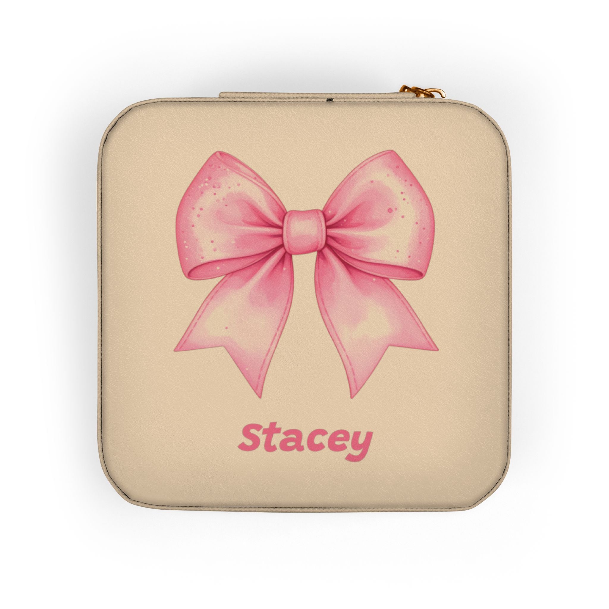 Personalized Jewelry Travel Case with Pink Bow, Custom Name, Cheer or Ballet Gift, Plush Interior 4x4x2 Size with Zip Closure