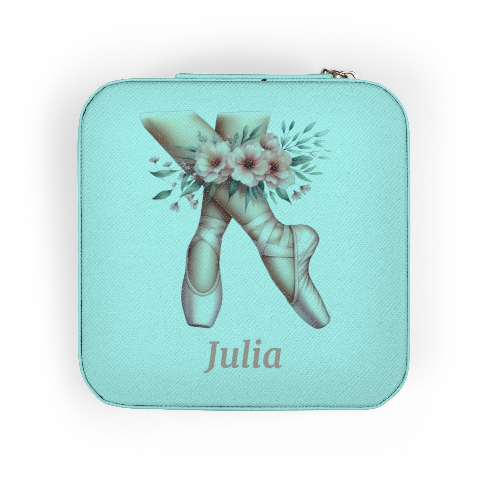 Personalized Ballerina Jewelry Travel Case, Custom Name, Ballet Pointe Shoes & Floral Design, 4x4x2 Plush Zip Jewelry Box