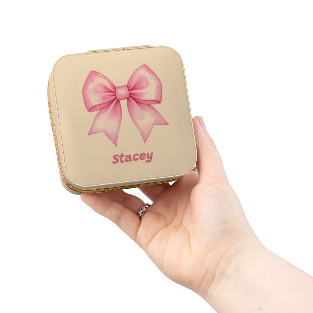 Personalized Jewelry Travel Case with Pink Bow, Custom Name, Cheer or Ballet Gift, Plush Interior 4x4x2 Size with Zip Closure