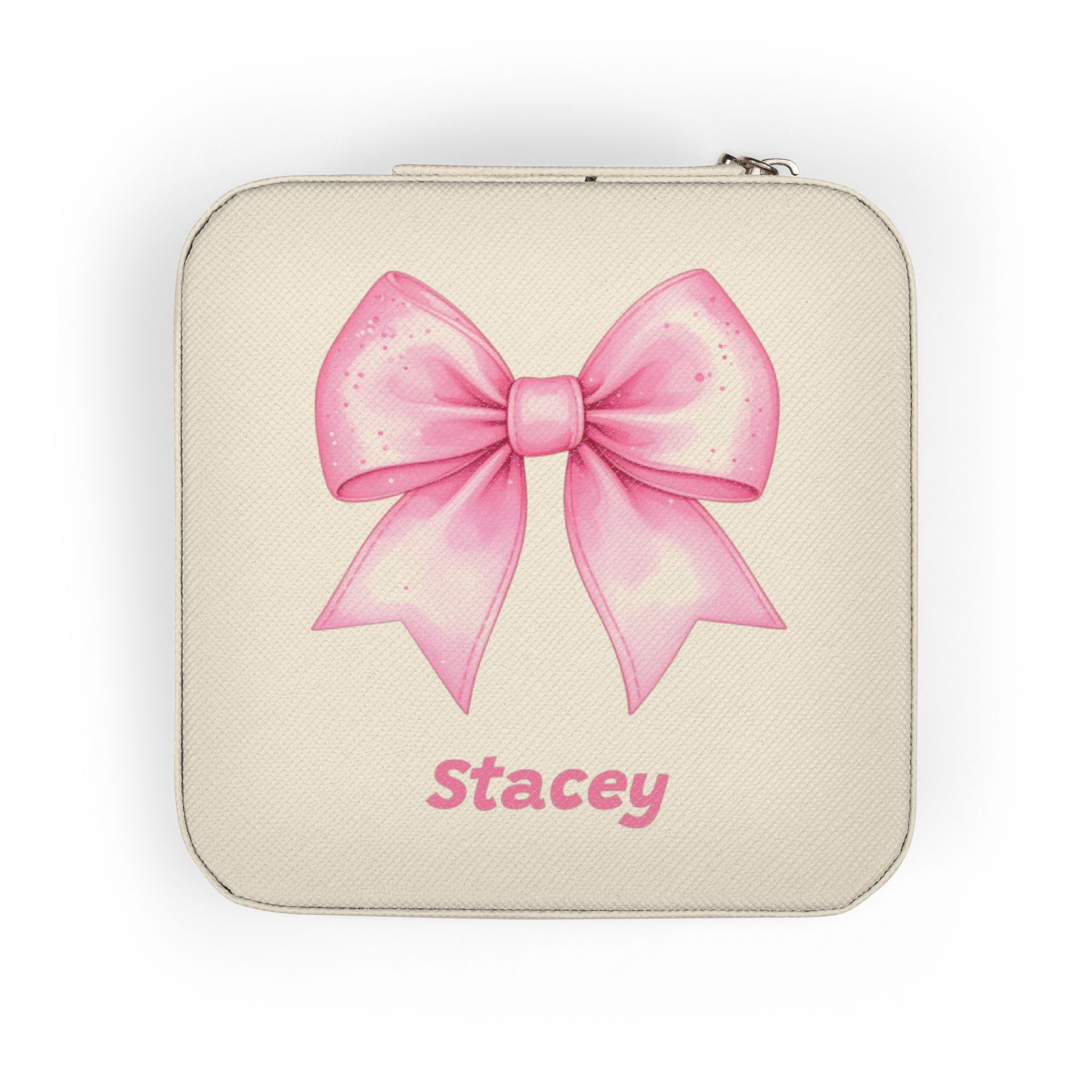 Personalized Jewelry Travel Case with Pink Bow, Custom Name, Cheer or Ballet Gift, Plush Interior 4x4x2 Size with Zip Closure