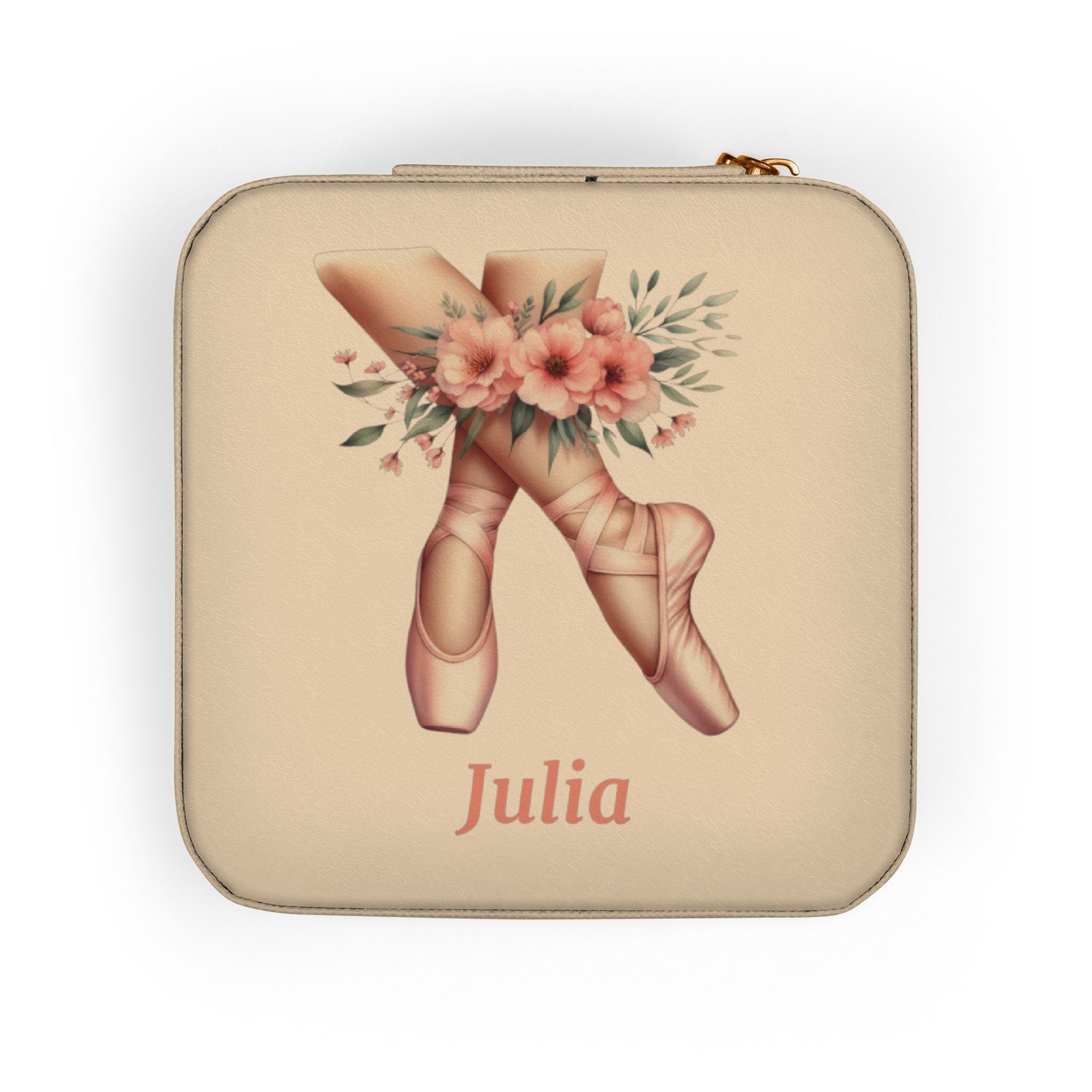Personalized Ballerina Jewelry Travel Case, Custom Name, Ballet Pointe Shoes & Floral Design, 4x4x2 Plush Zip Jewelry Box