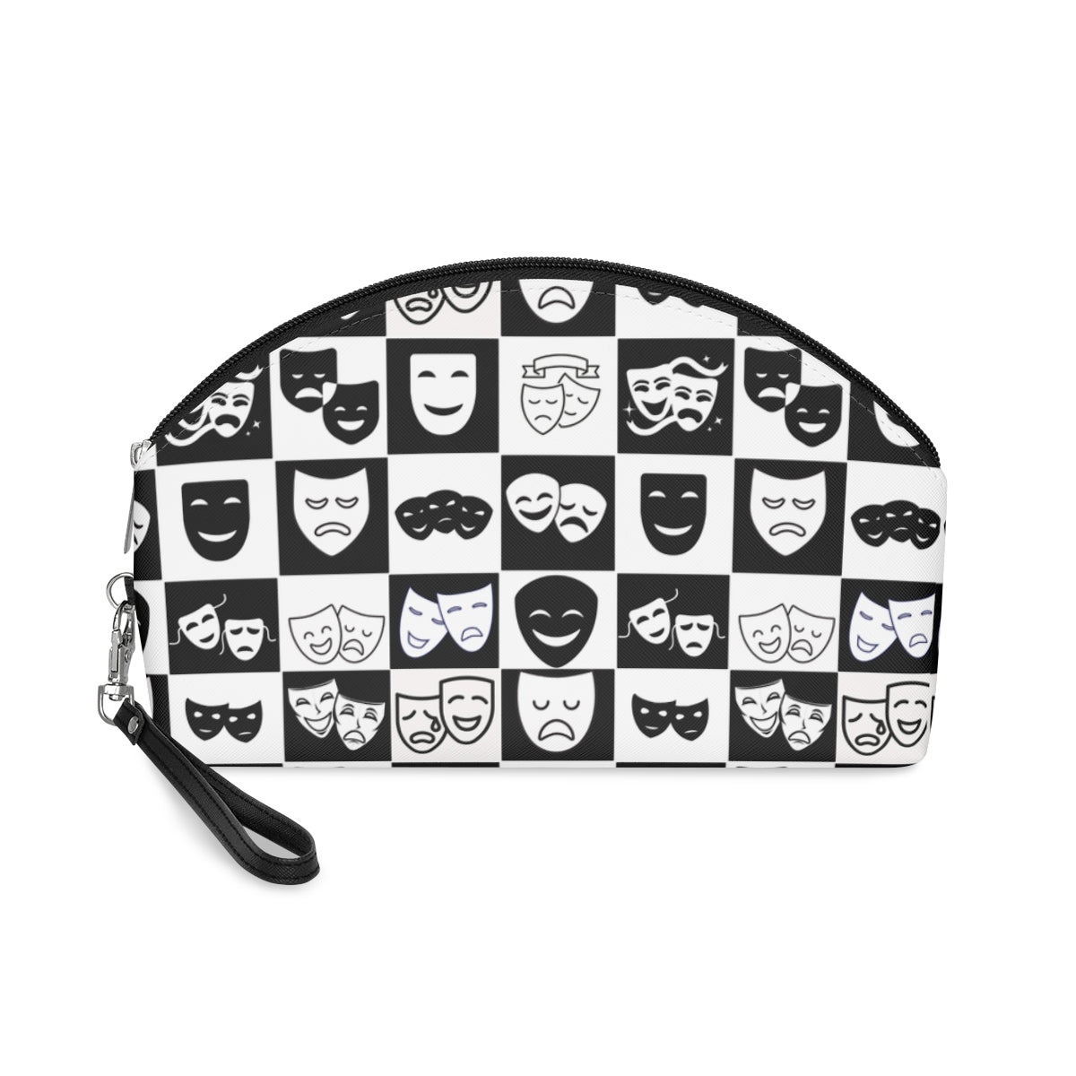 Theater Masks Makeup Bag – Drama Studnet & Theater Lover Gift, PU Leather Cosmetic Pouch with Detachable Strap, Black Interior