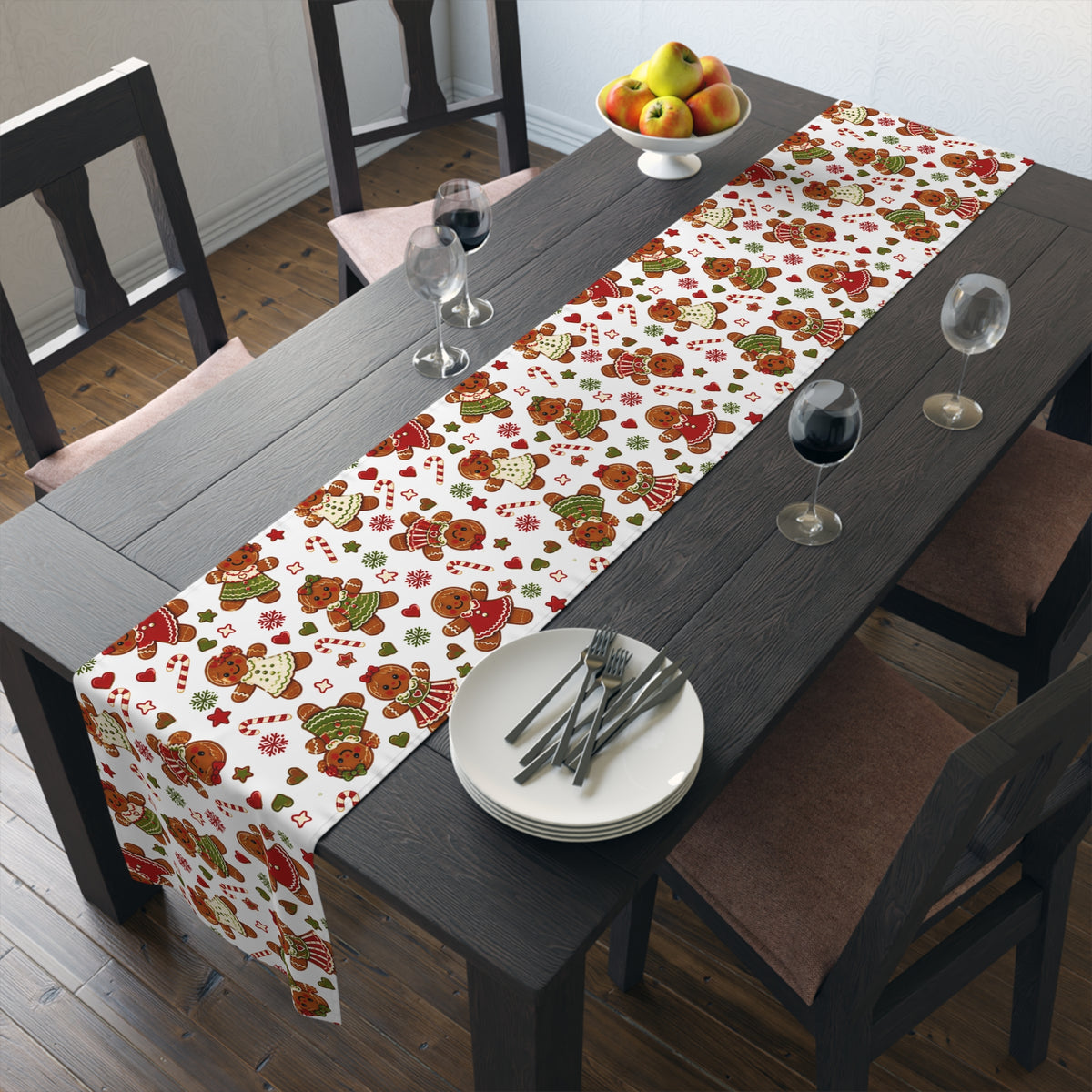 Gingerbread Christmas Table Runner, Cookie Exchange Decor, Holiday Dining Decor, Christmas Dinner Table Decoration - Sideway Design
