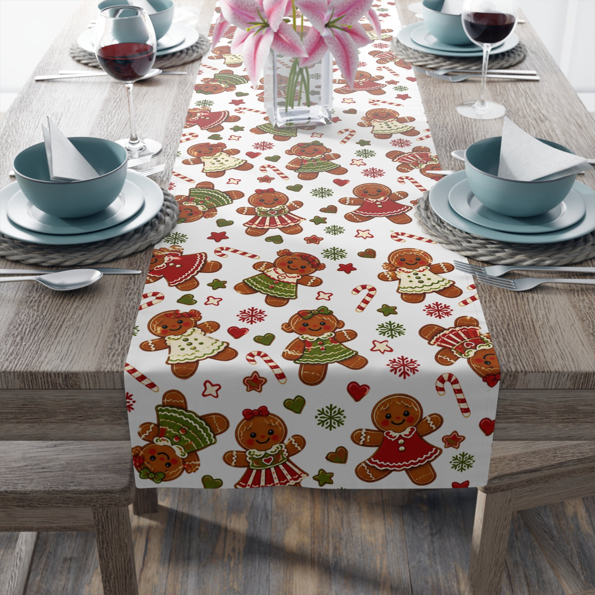 Gingerbread Christmas Table Runner, Cookie Exchange Decor, Holiday Dining Decor, Christmas Dinner Table Decoration